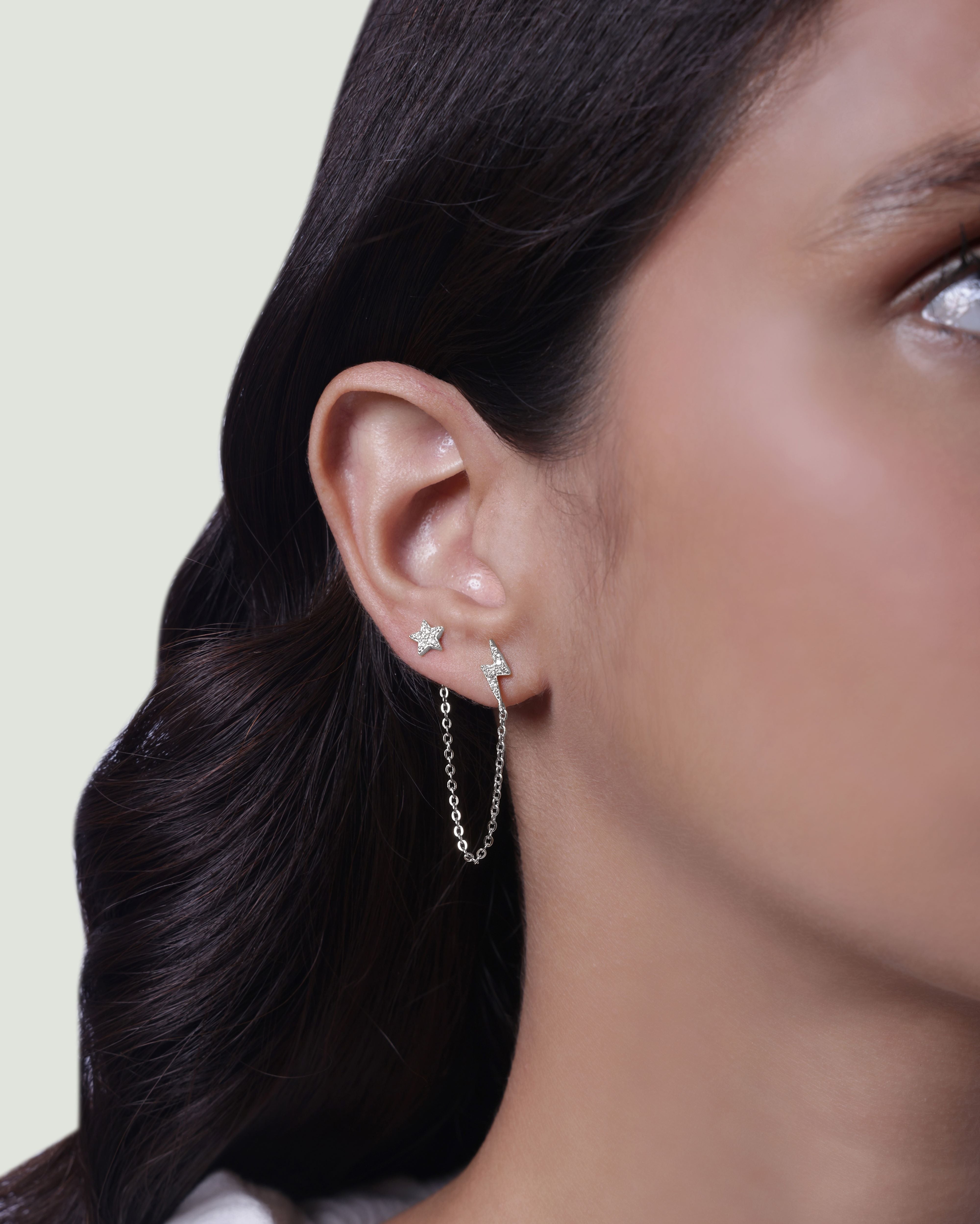 Star and Thunder Connector Stud Chain Earrings
