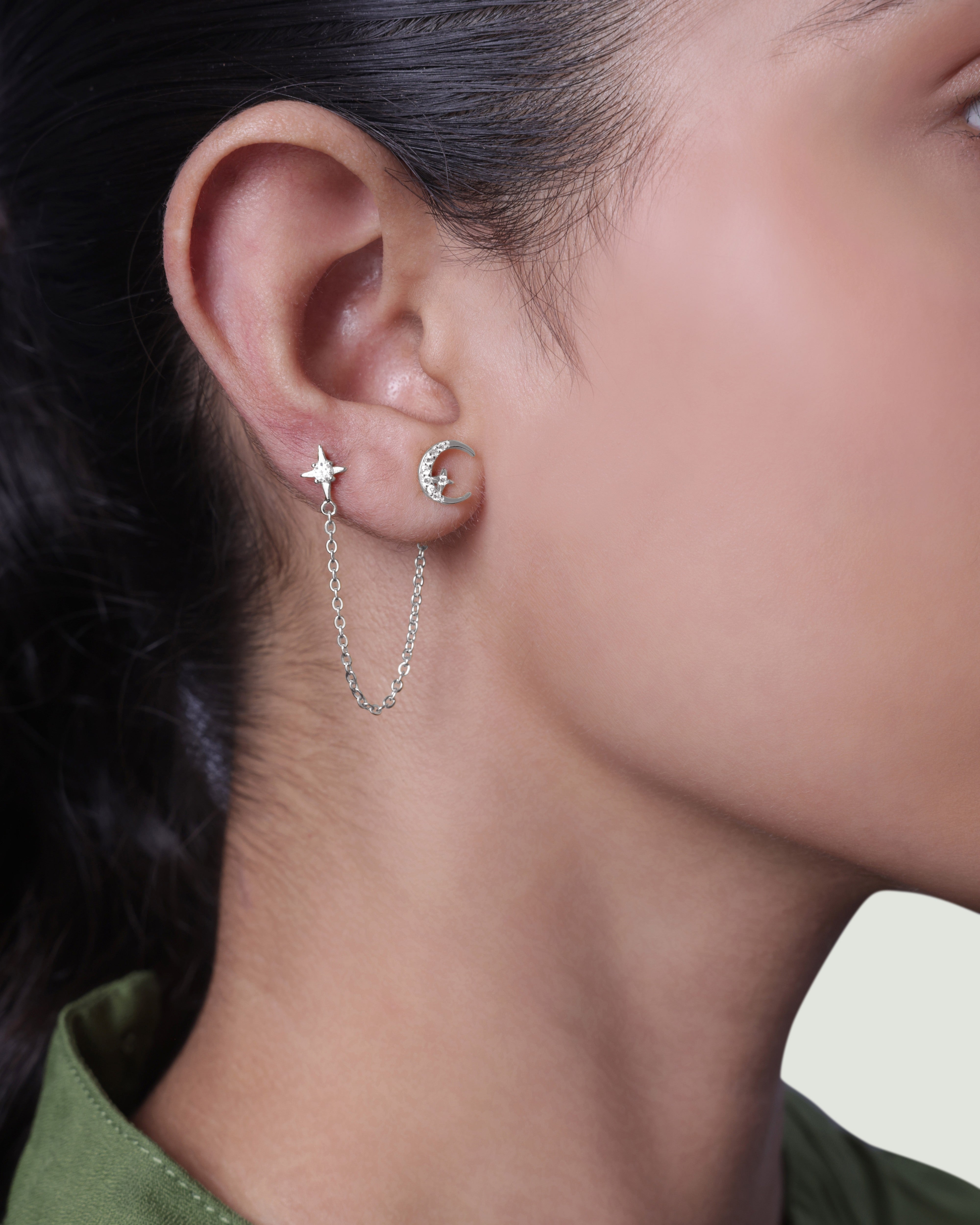 Moon Star 3 In Connector Chain Earrings