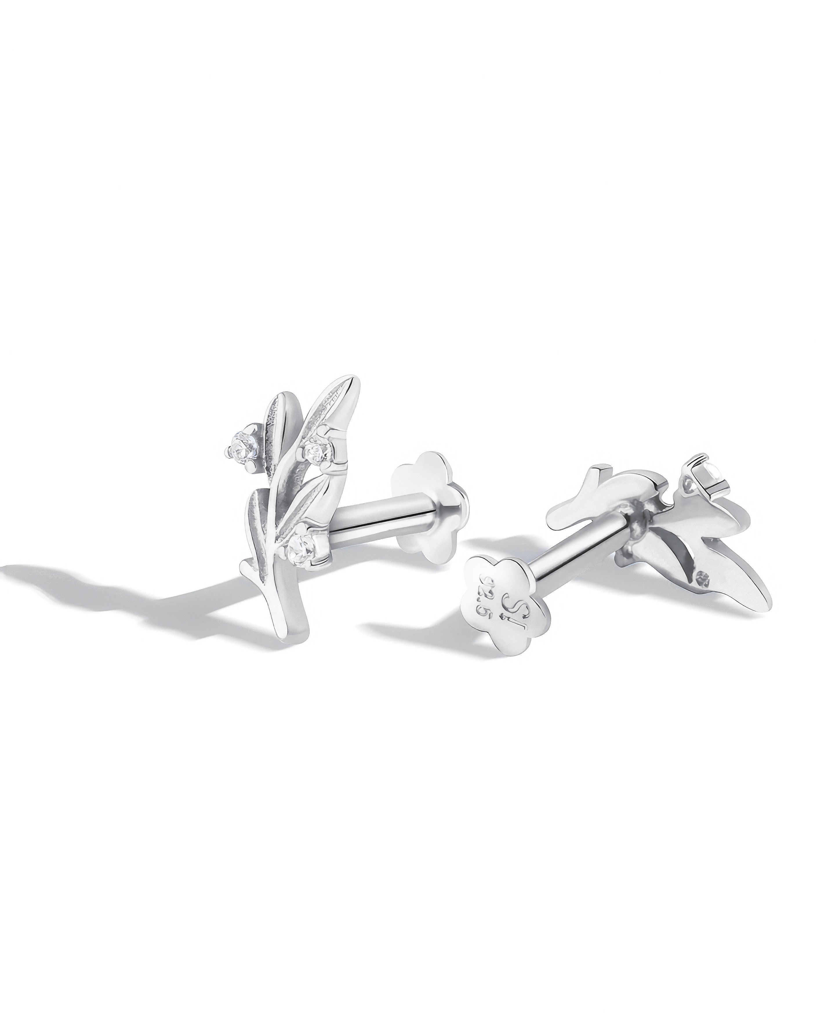 Leaflet Sparkle Stud - Rhodium Plated Earrings