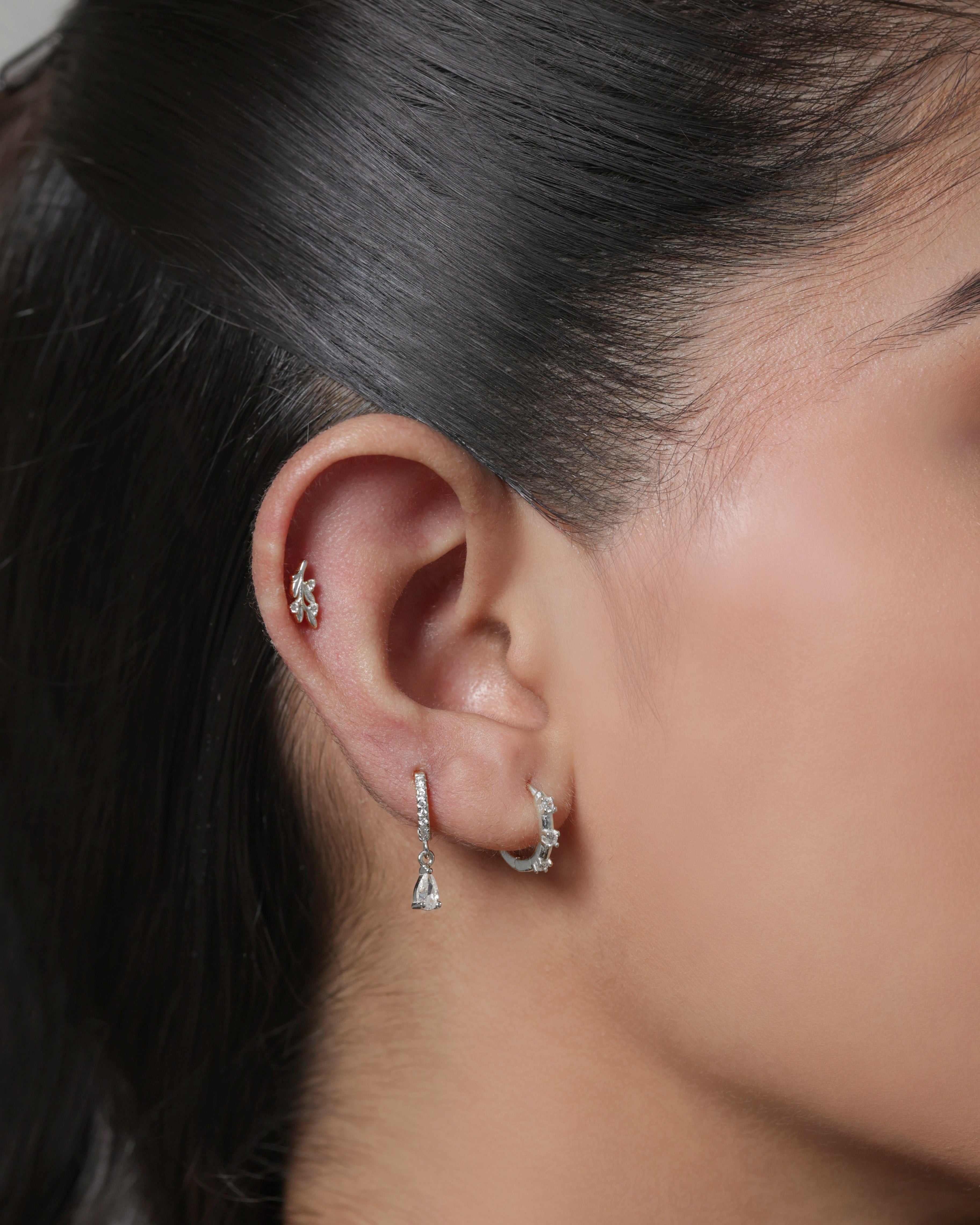 Leaflet Sparkle Stud - Rhodium Plated Earrings