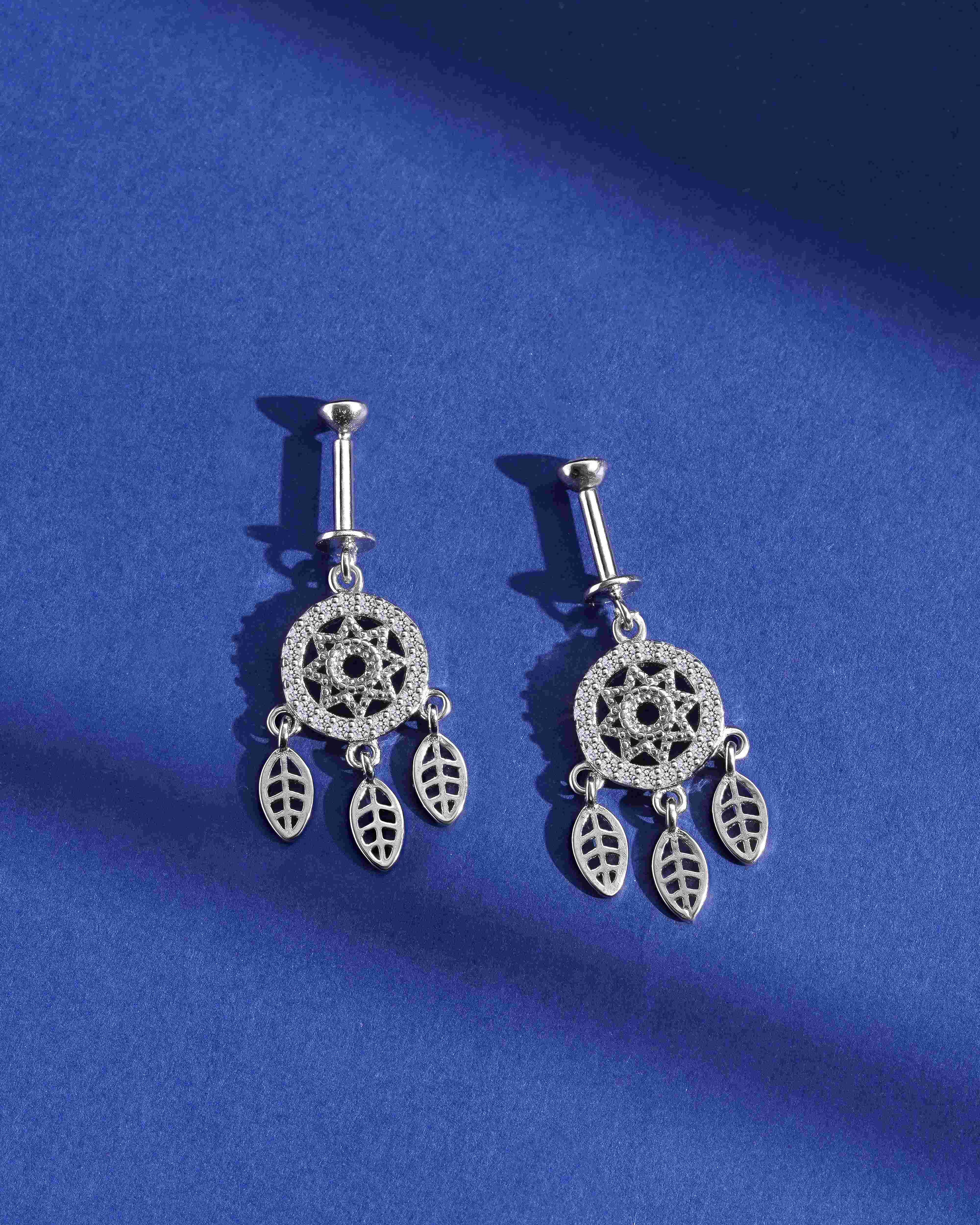 Zircon Dreamcatcher Helix Earring with screw-back design, featuring bohemian leaf charms and sparkling stones for secure and stylish ear piercing.