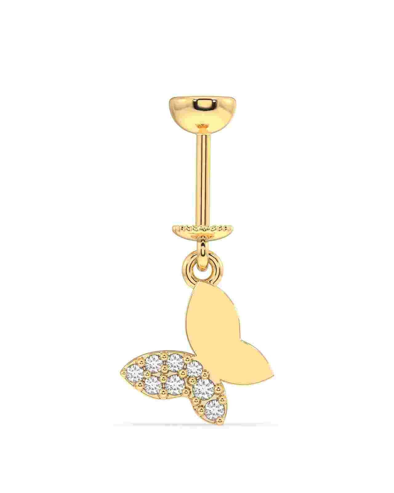 Butterfly stud piercing in sterling silver with slanting helix design, featuring a gold-tone finish and sparkling stones on one wing.