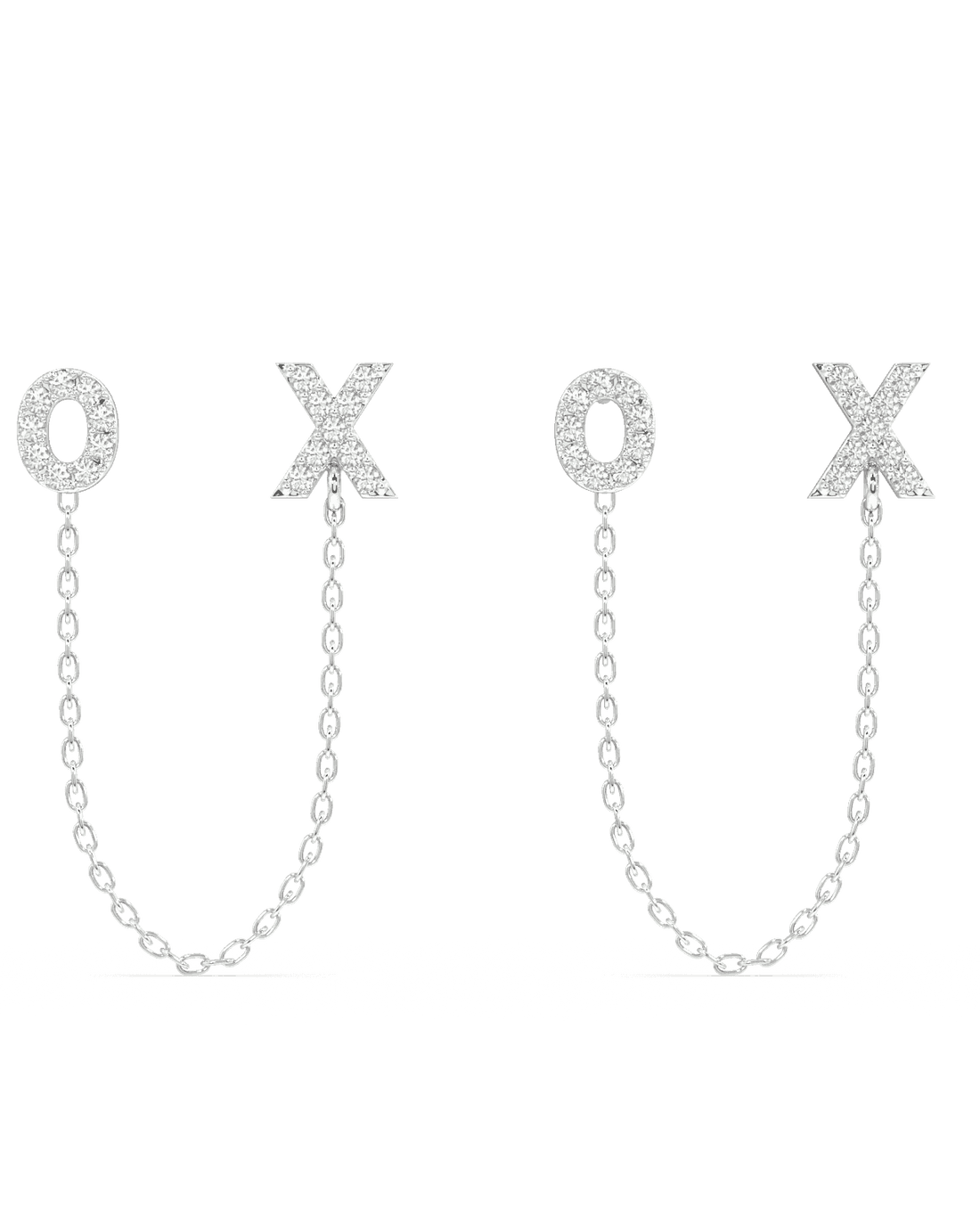 XO 3 in 1 Earring Connector in sterling silver with chain link design, featuring pavé crystal O and X studs for versatile styling.
