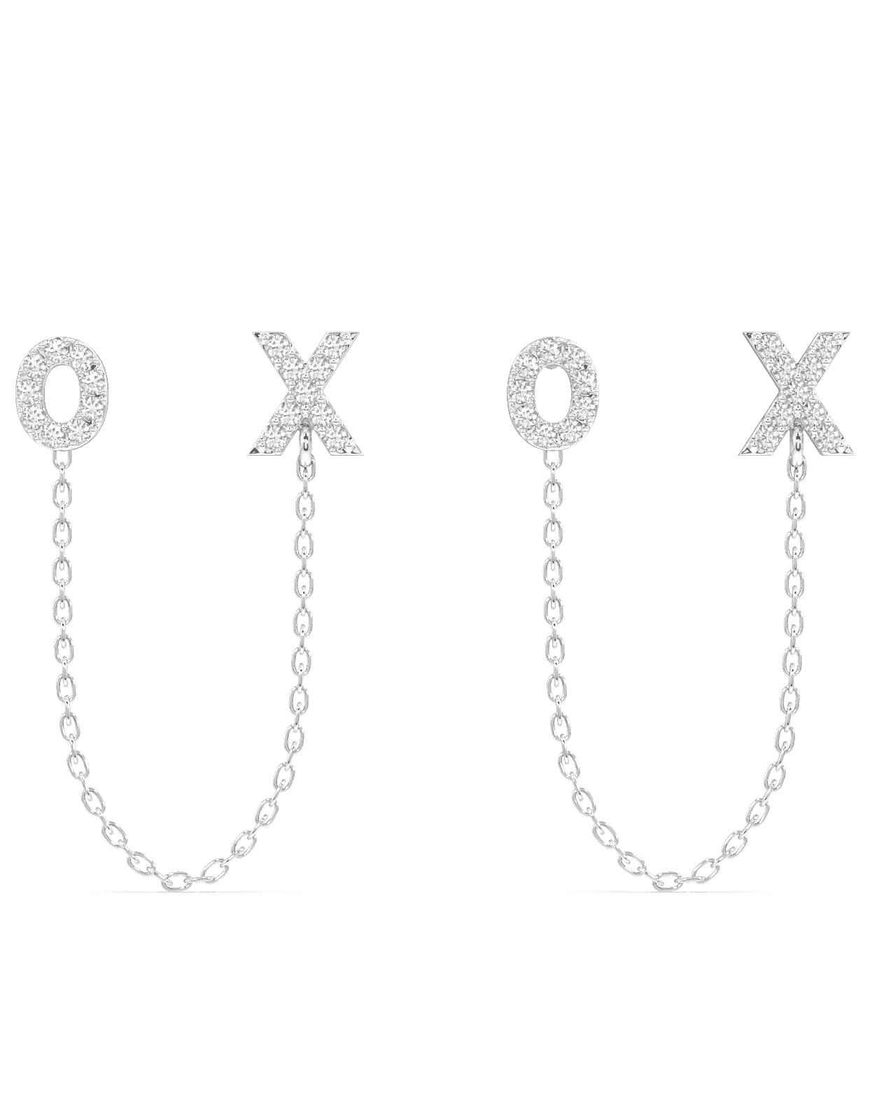 XO 3 in 1 Earring Connector in sterling silver with chain link design, featuring pavé crystal O and X studs for versatile styling.