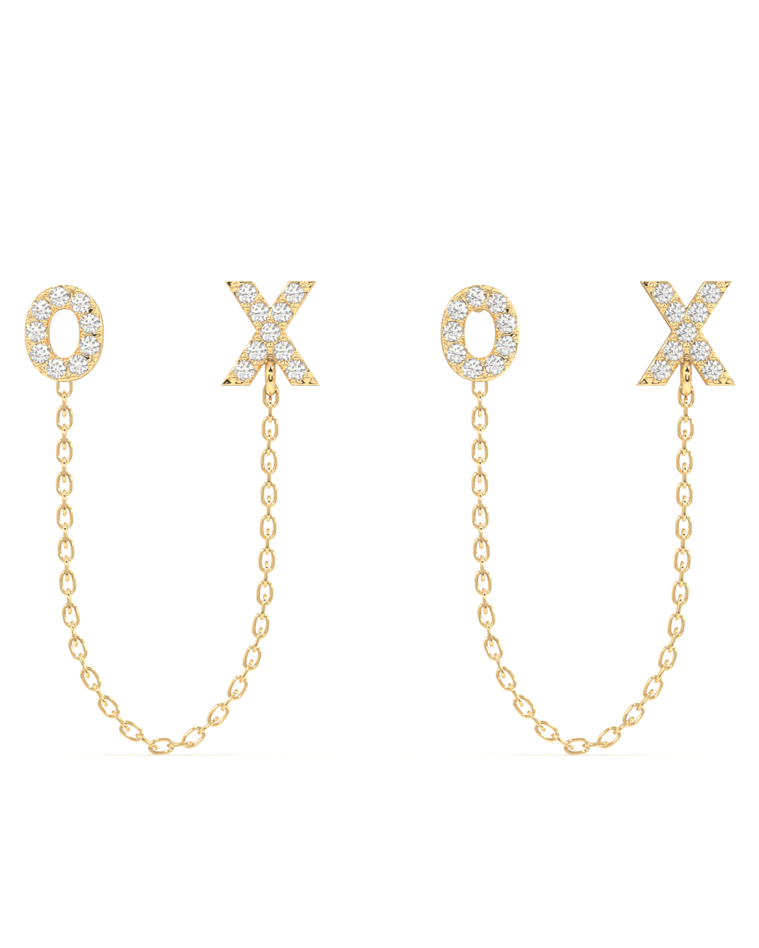 XO - Create 3 Chain Connector Earring in gold with pavé X and O studs linked by delicate chains, offering a multi-wear stud design.