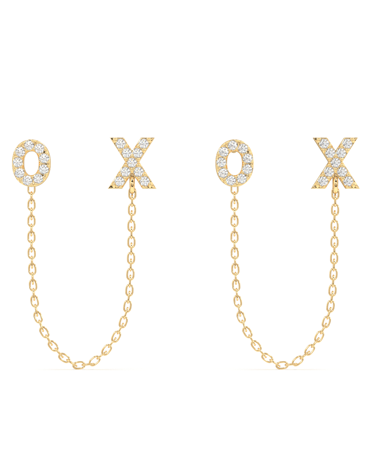 XO - Create 3 Chain Connector Earring in gold with pavé X and O studs linked by delicate chains, offering a multi-wear stud design.