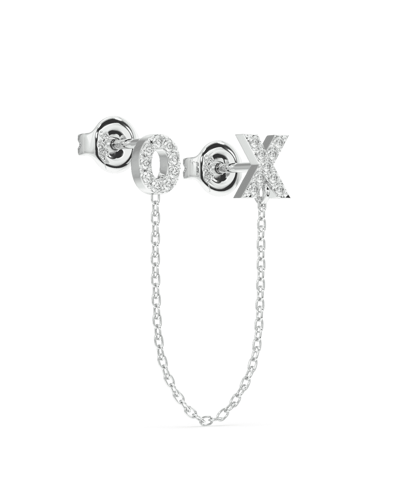 Sterling silver XO 3 in 1 chain earring connector with crystal-studded O and X studs linked by a fine chain, shown with backings.