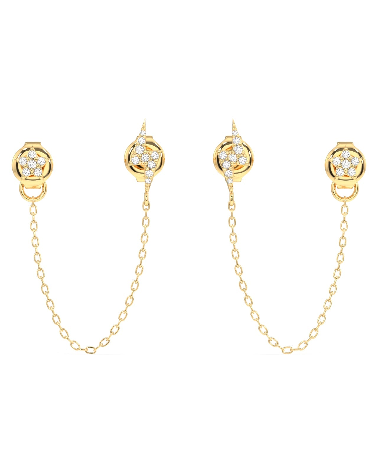 Star and thunder chain connector stud earring - Pair