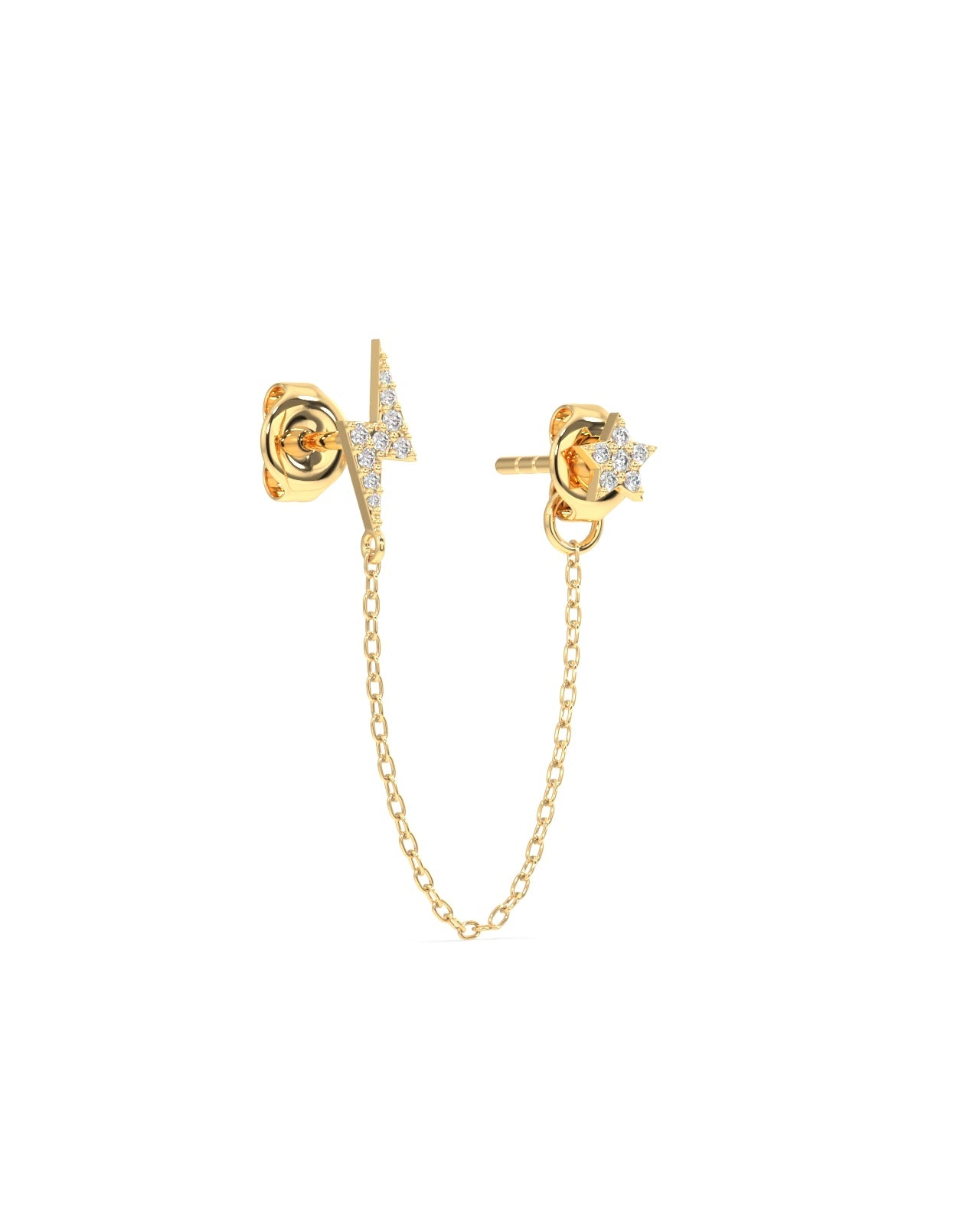 Star and thunder chain connector stud earring - Pair