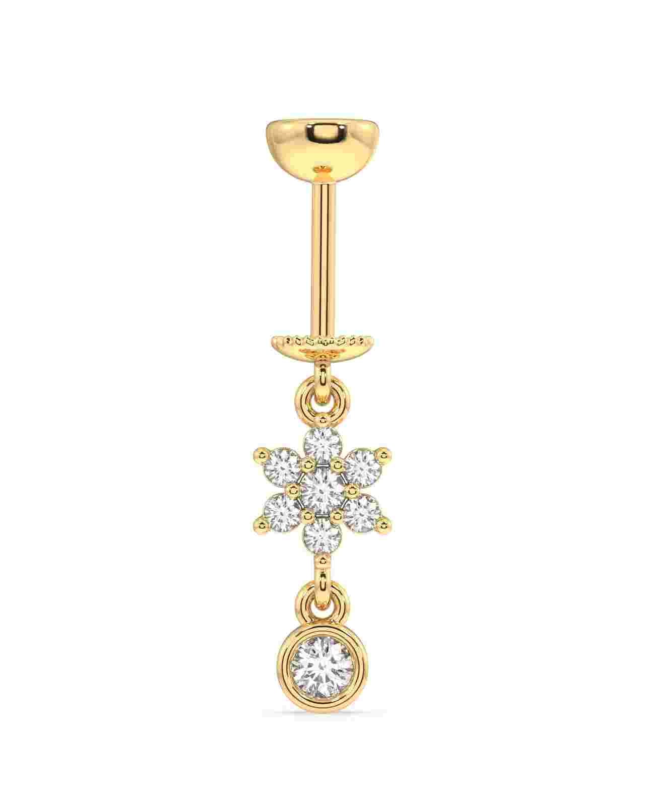 Elegant zircon drop helix piercing earring in pure silver with a five-petal flower design and gold finish. Features a sparkling hanging zircon charm.