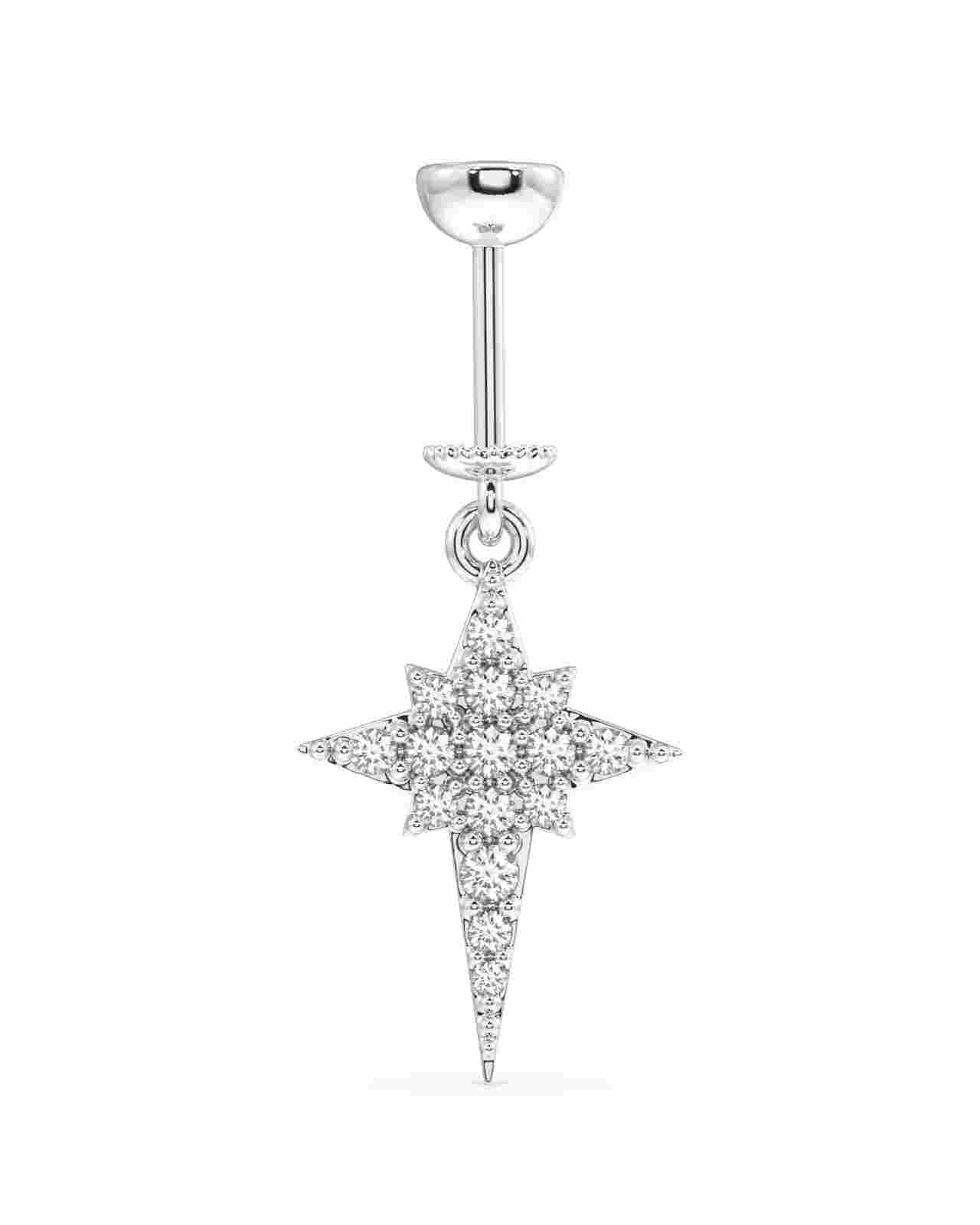Helix earrings featuring a silver elongated star design encrusted with zircon stones, ideal for cartilage piercings and trending jewelry collections.