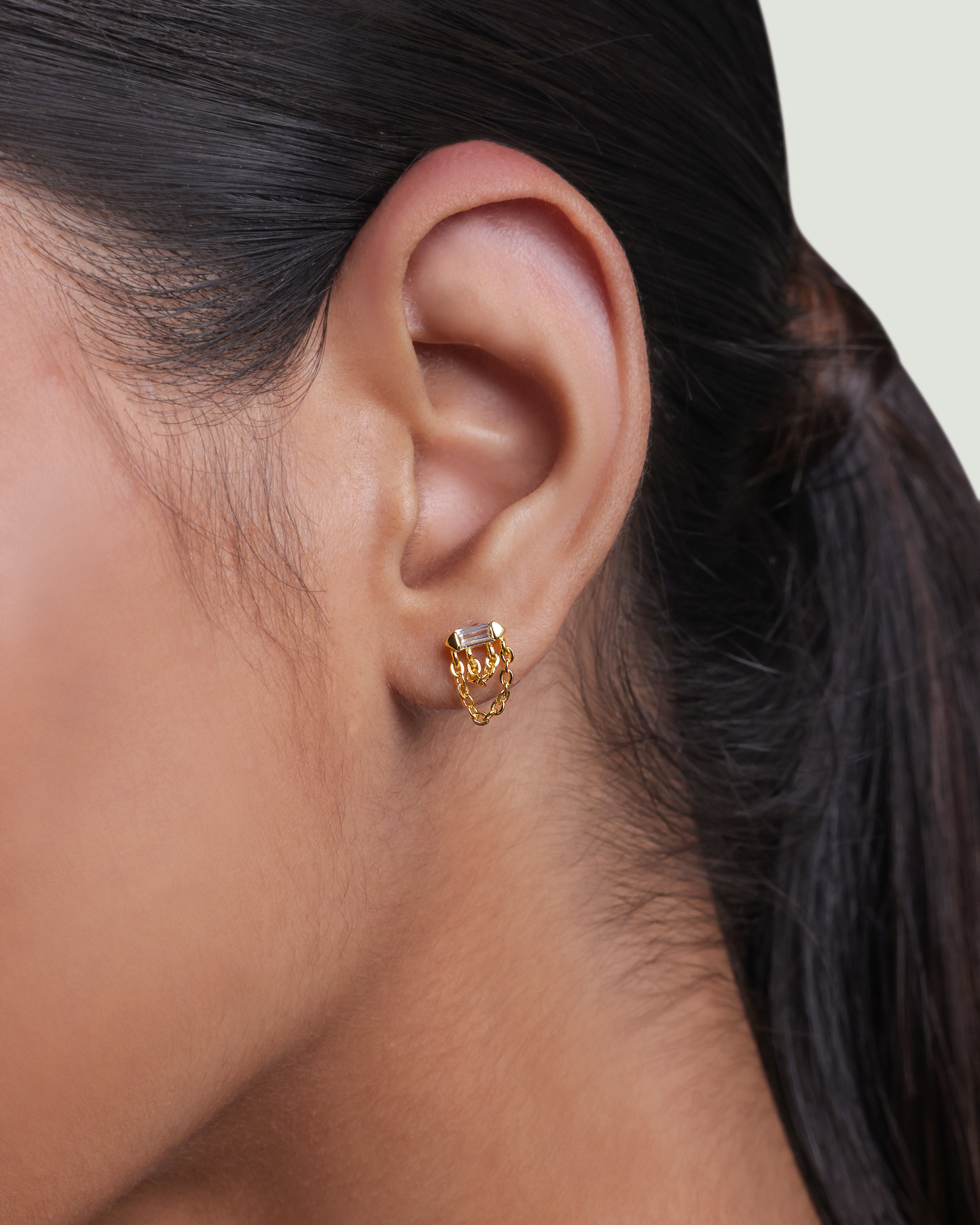 Double Chain Baguette Stud Earring