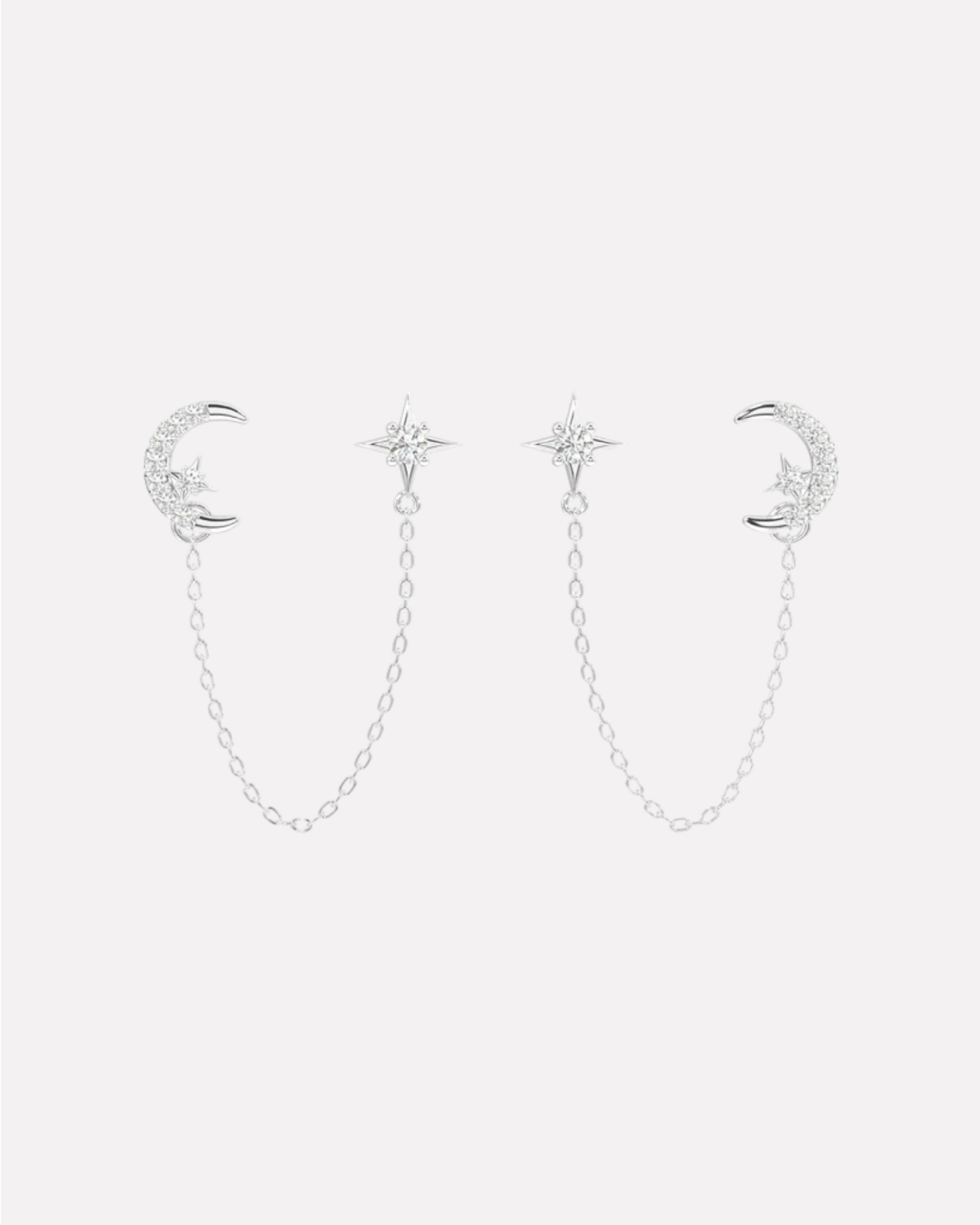 Moon Star 3 In Connector Chain Earrings