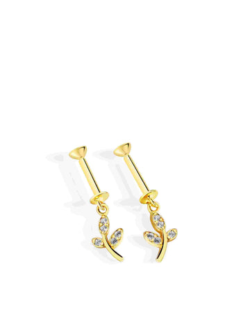 Zirconia Helix Piercing Leaf Charm in gold with curved leaf design and hanging zirconia stones, ideal for elegant cartilage styling.