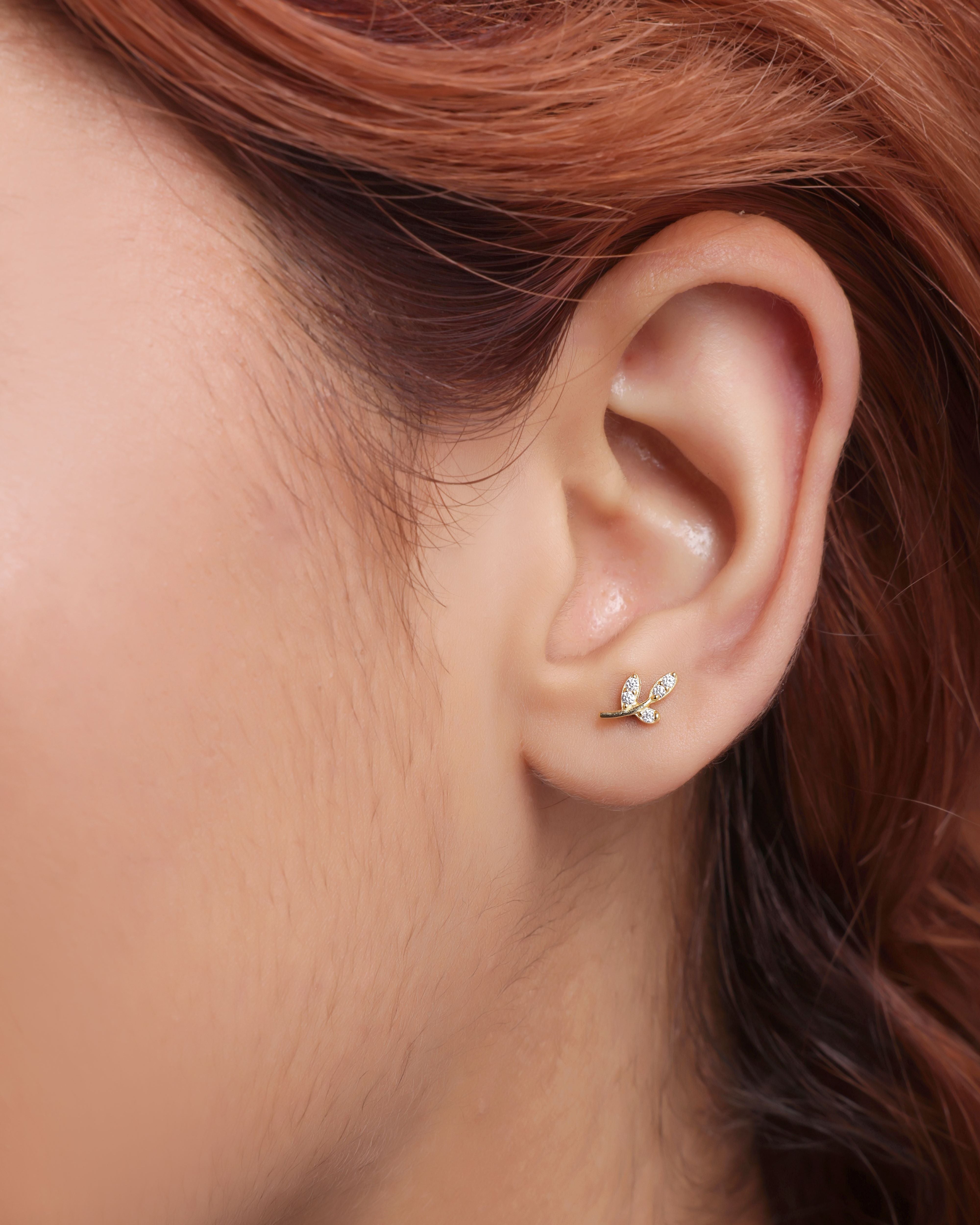 Minimal CZ Paved Leaf Stud Pair