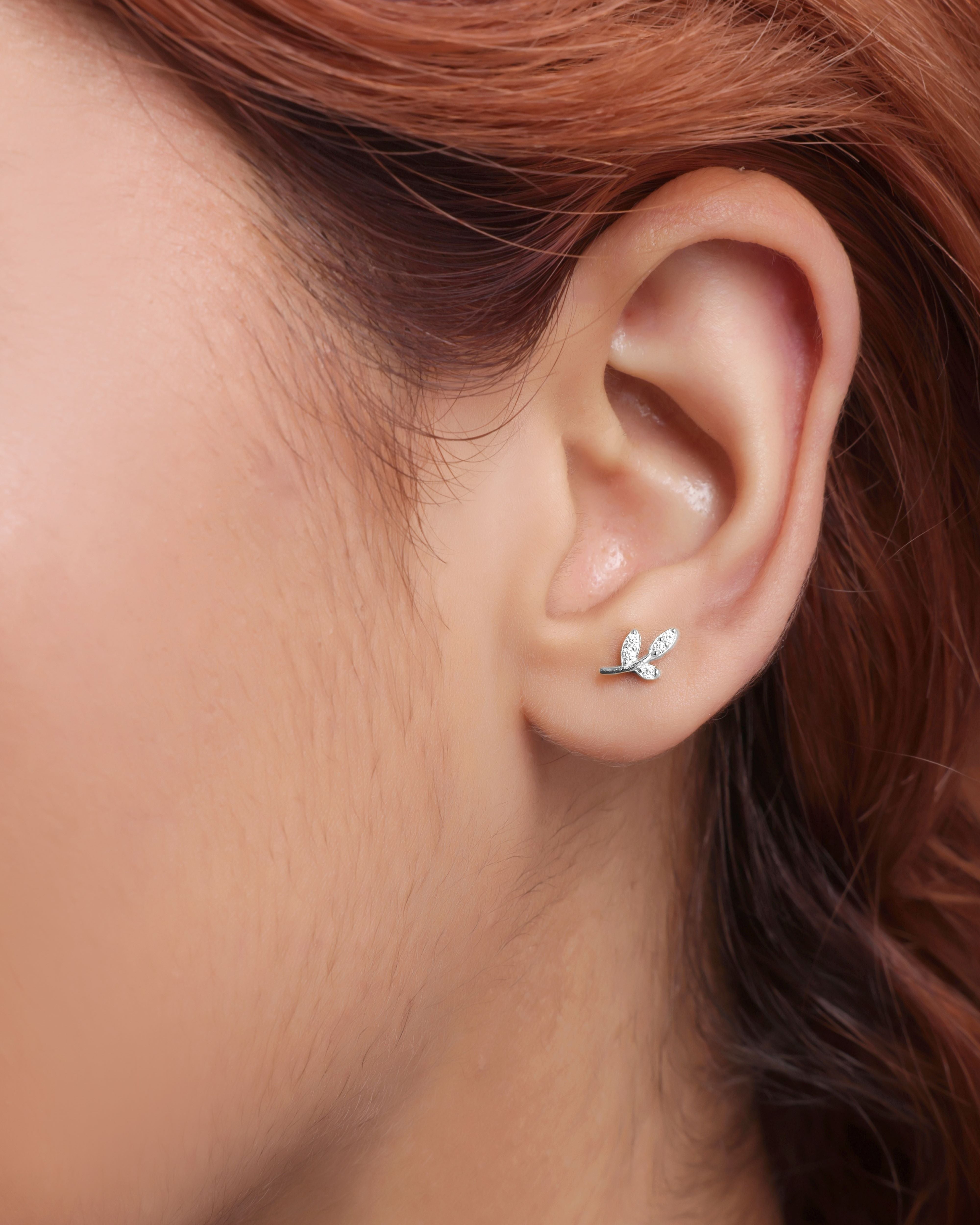 Minimal cz paved leaf stud pair