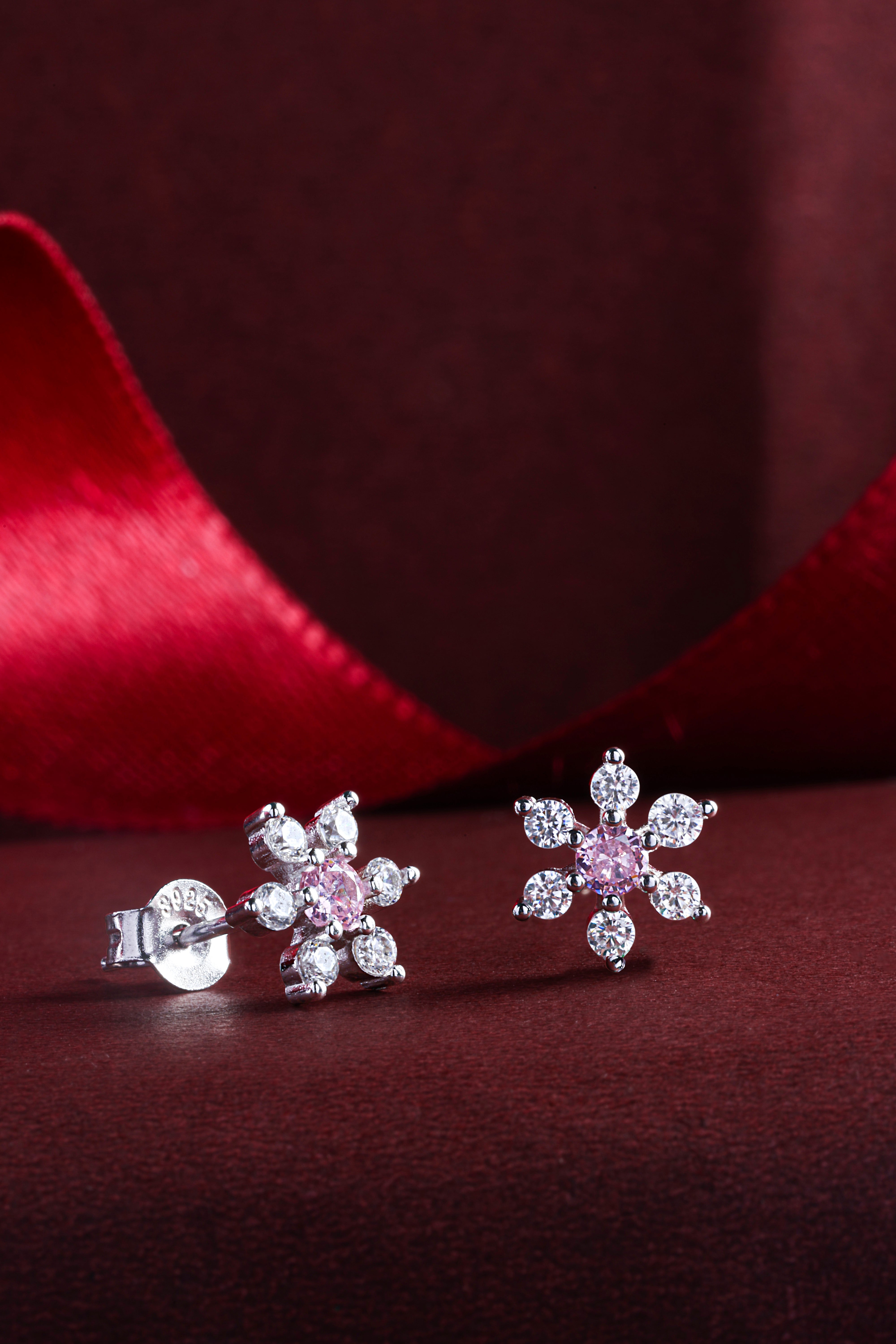 Pure Frost - Silver Snowflake Studs with a Touch of Pink