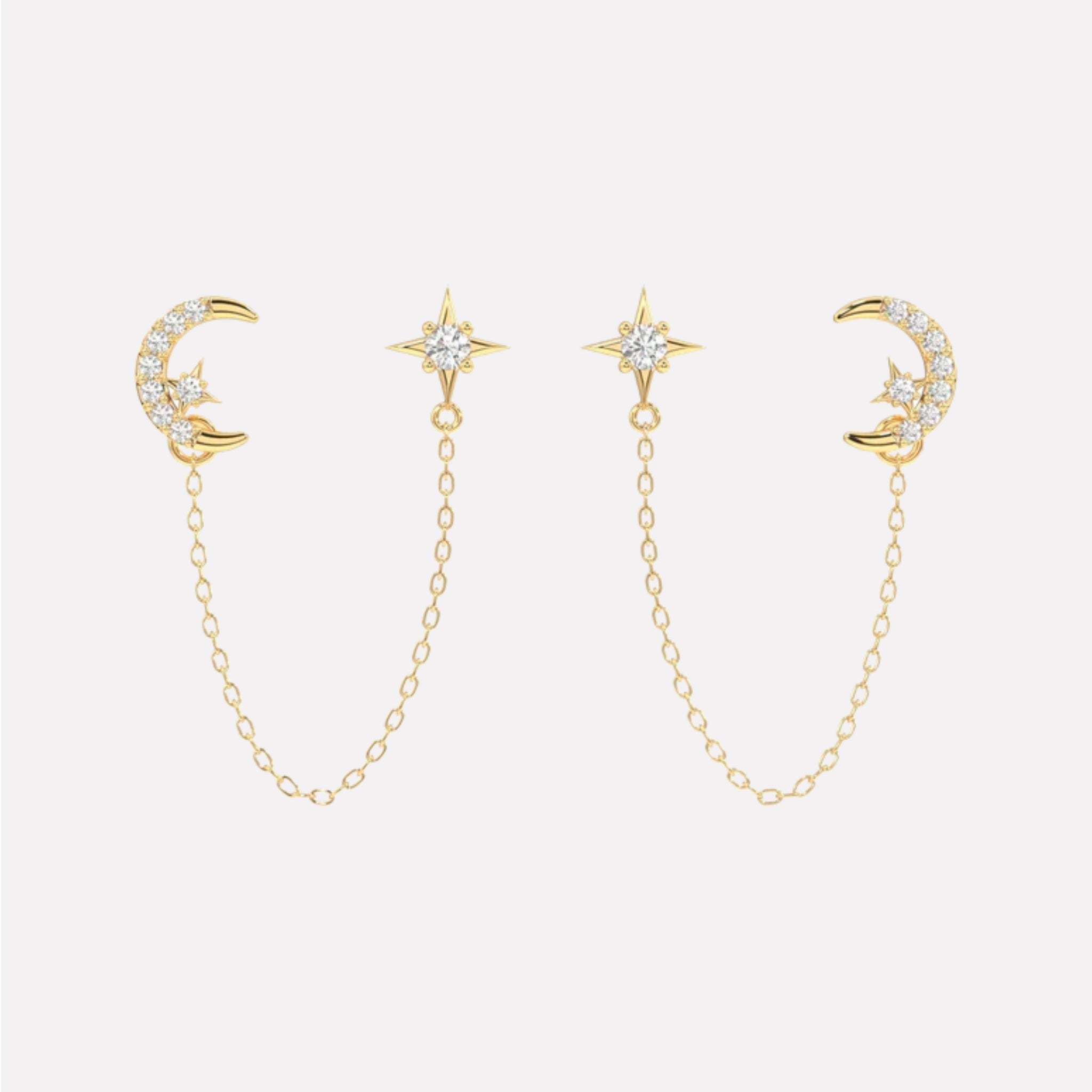 Moon Star 3 In Connector Chain Earrings