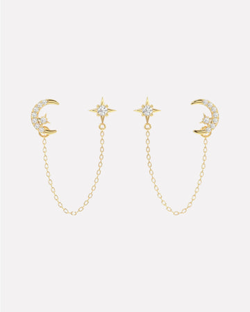 Moon Star 3 In Connector Chain Earrings