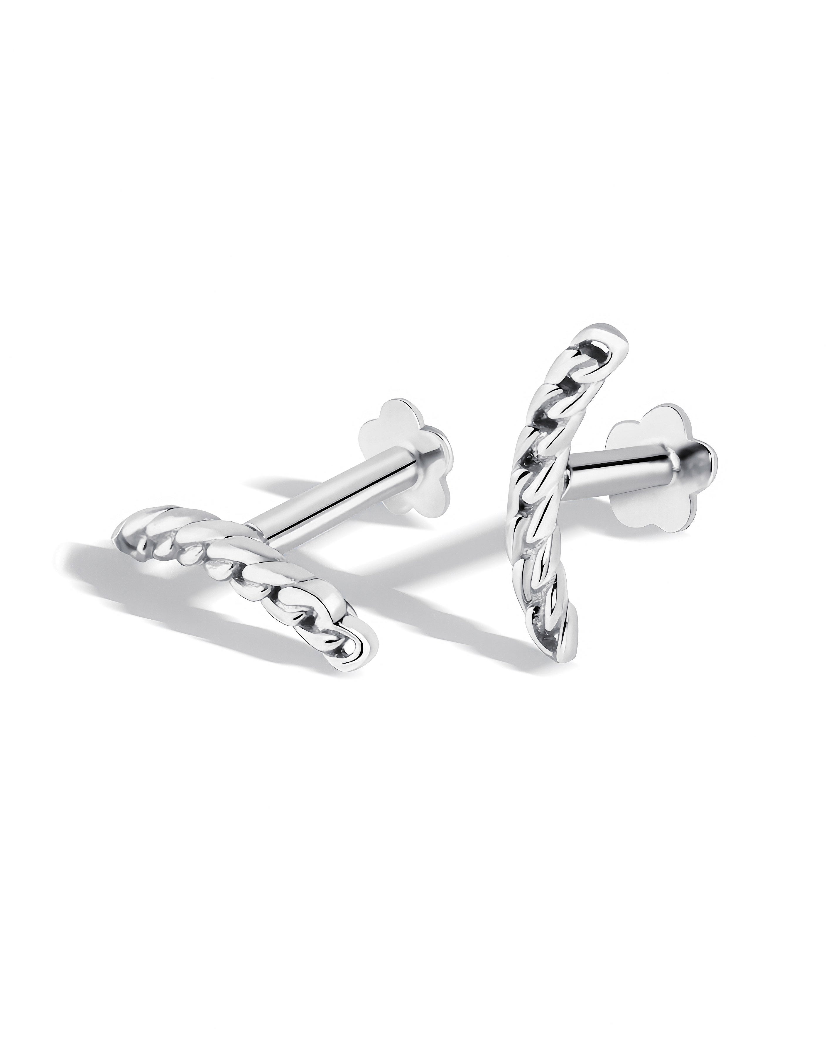 Twist Link Earrings – Rhodium Plated Flat Back Studs