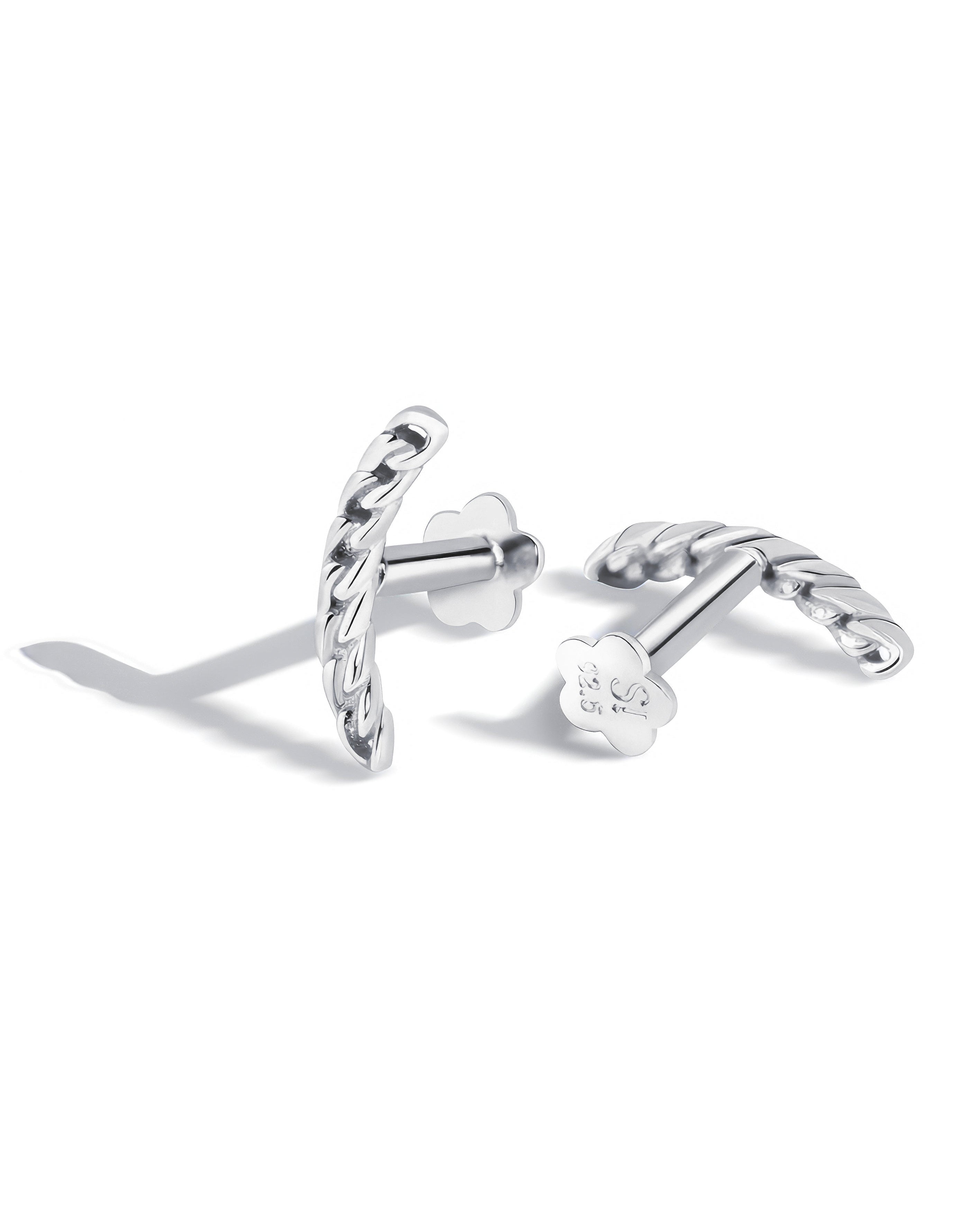 Twist Link Earrings – Rhodium Plated Flat Back Studs