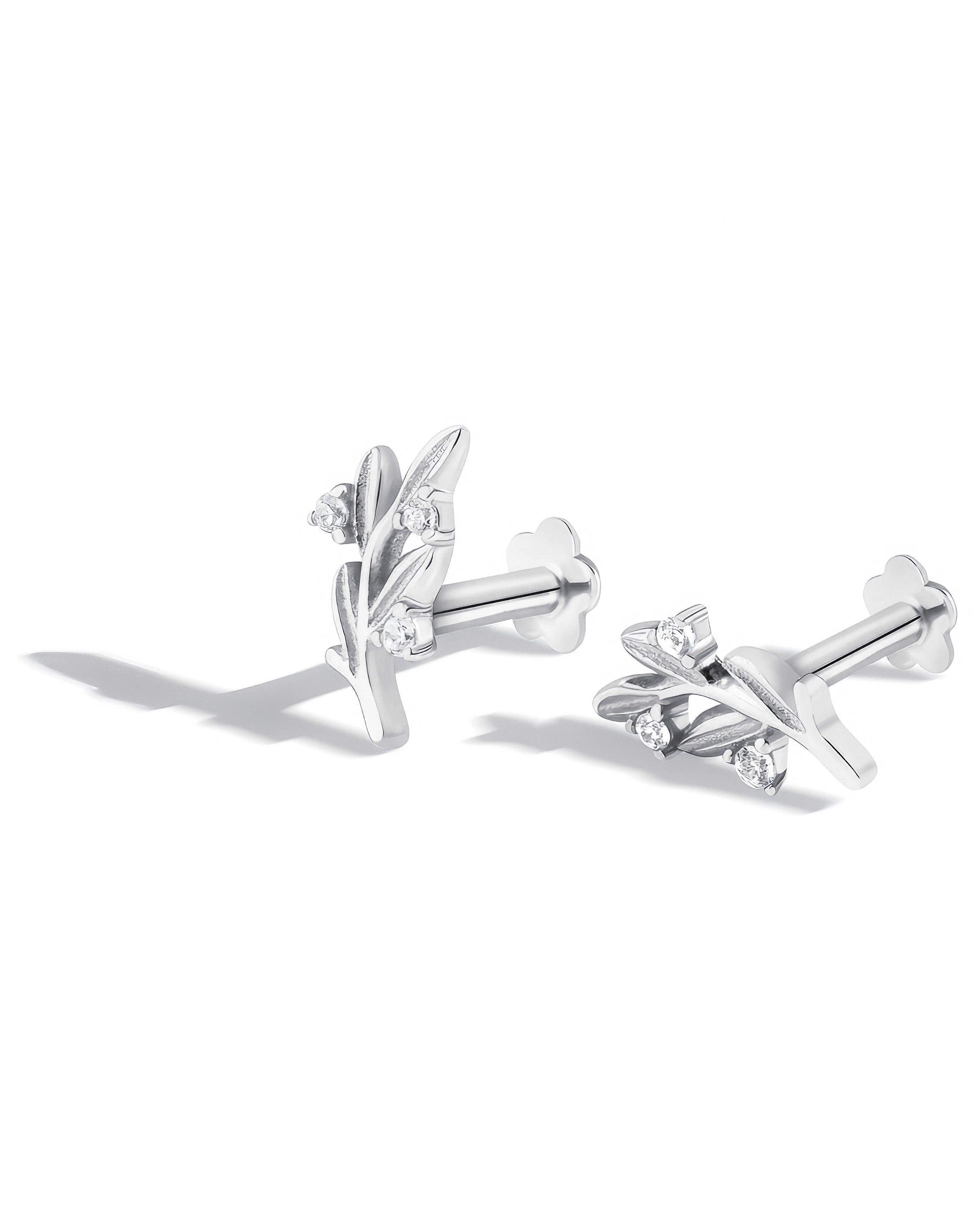 Leaflet Sparkle Stud - Rhodium Plated Earrings