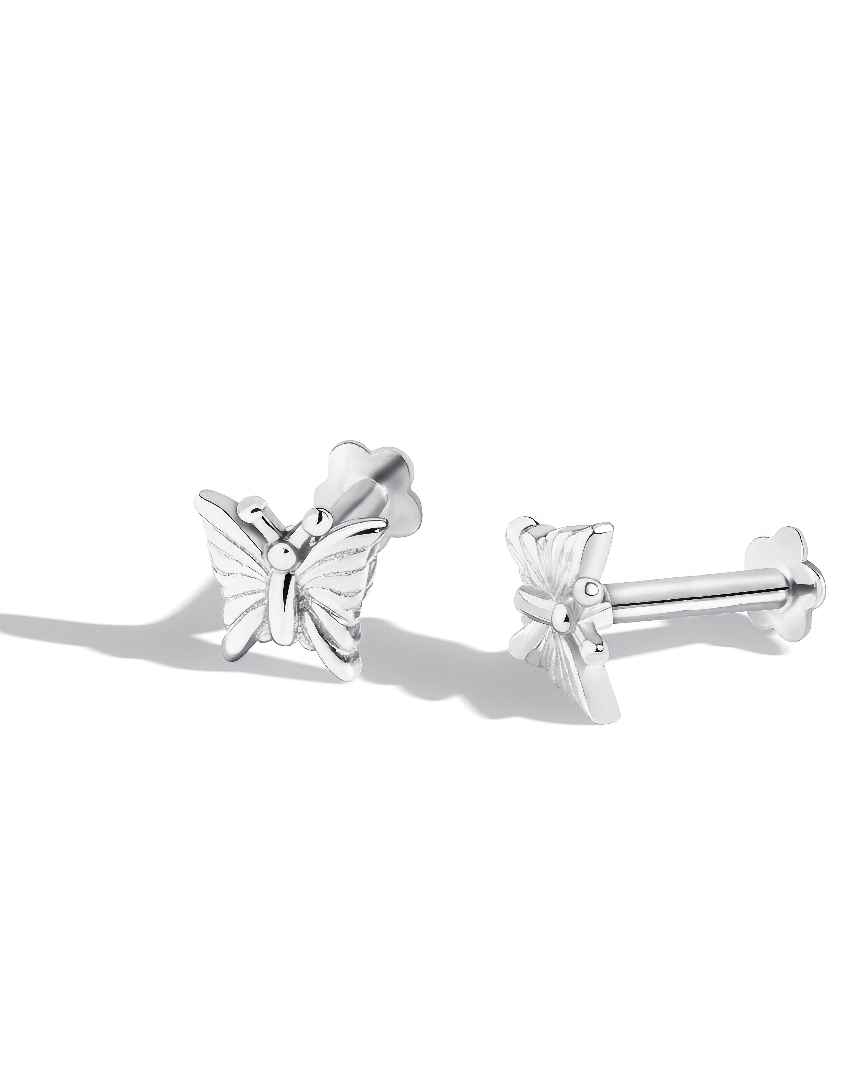 Rhodium Plated Butterfly Stud - Flat Back Earring