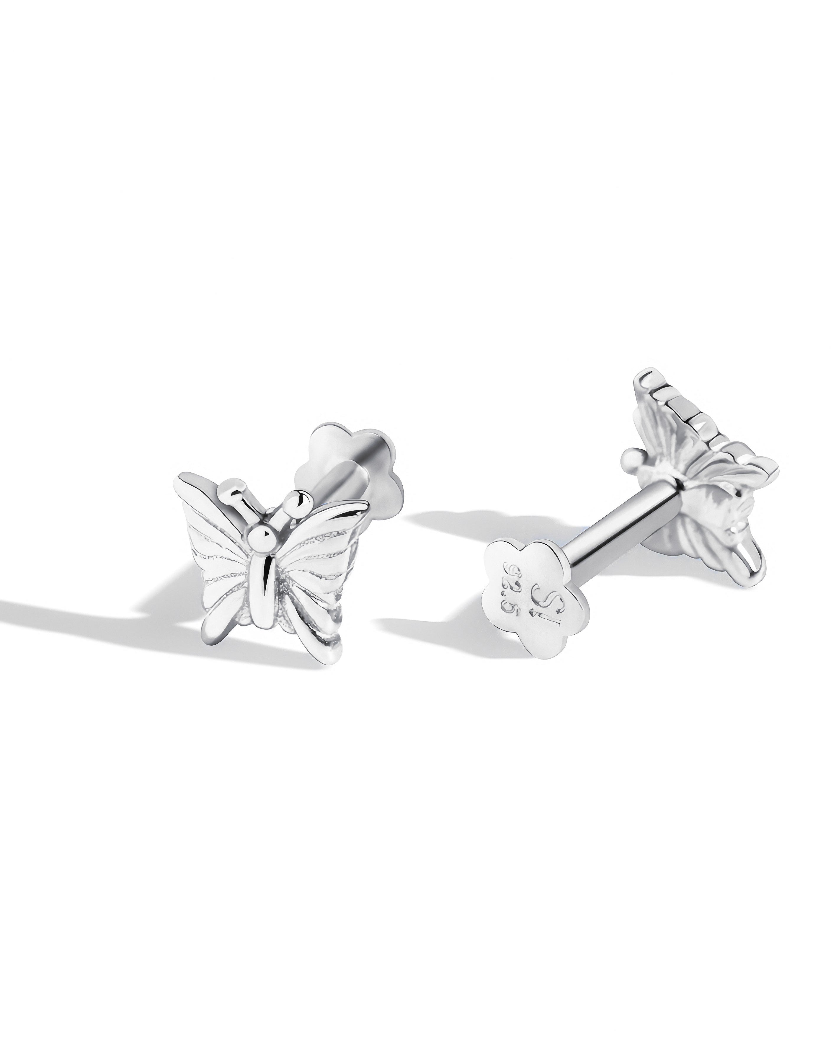 Rhodium Plated Butterfly Stud - Flat Back Earring