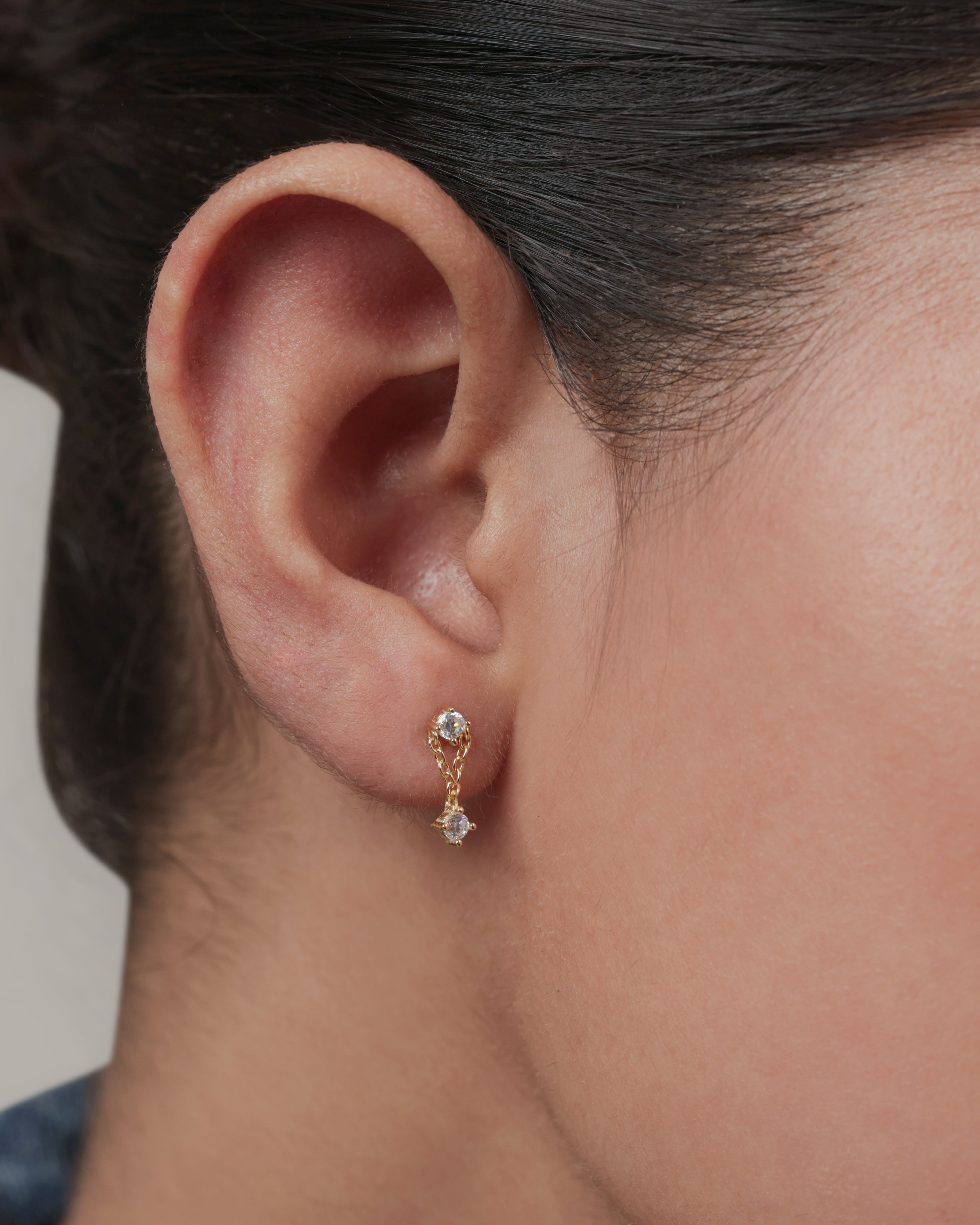 Zirconia Duo Chain Drop Stud – 14K Gold Plated Flat Back Studs