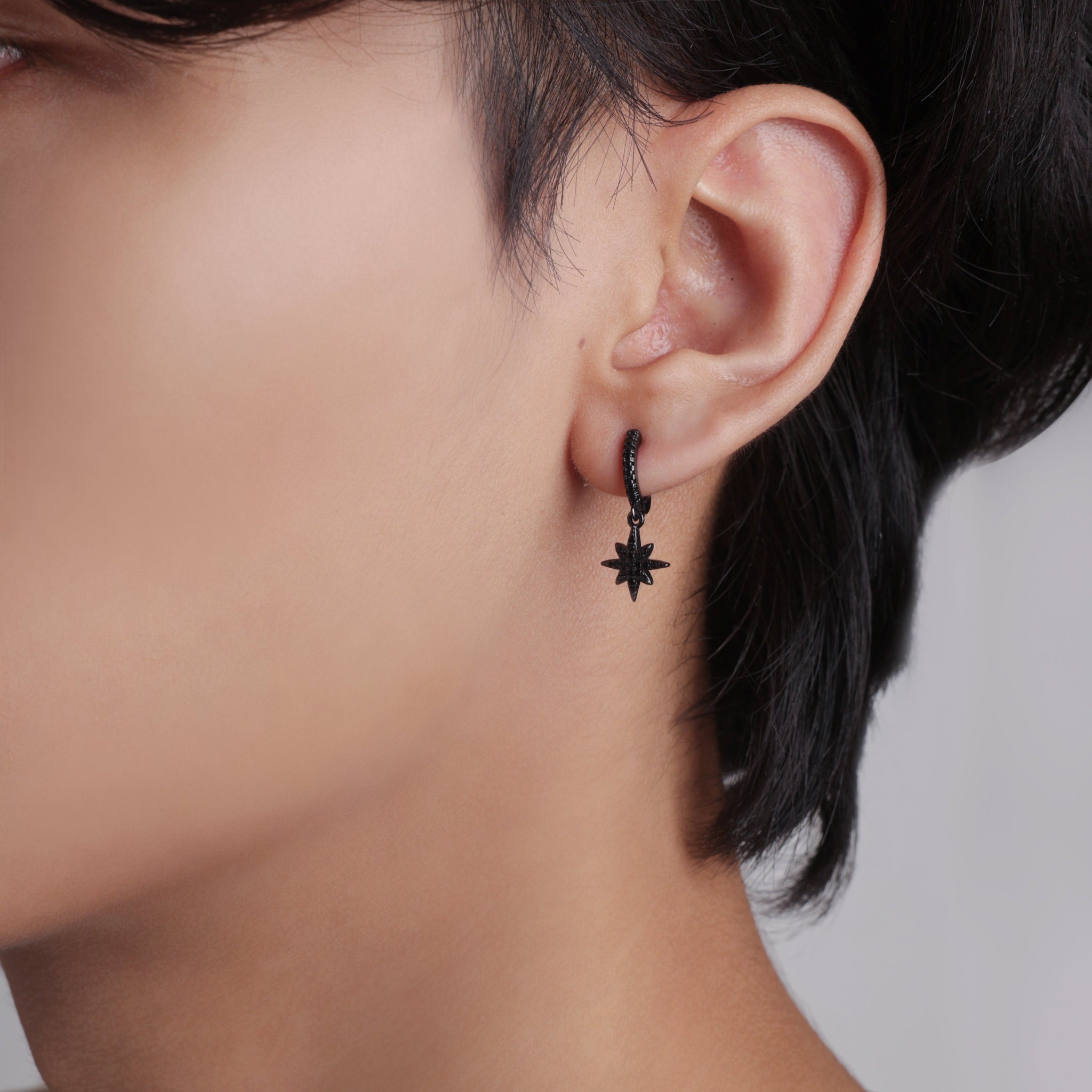 Celestial Black Zirconia Star Hoop Men's Earrings