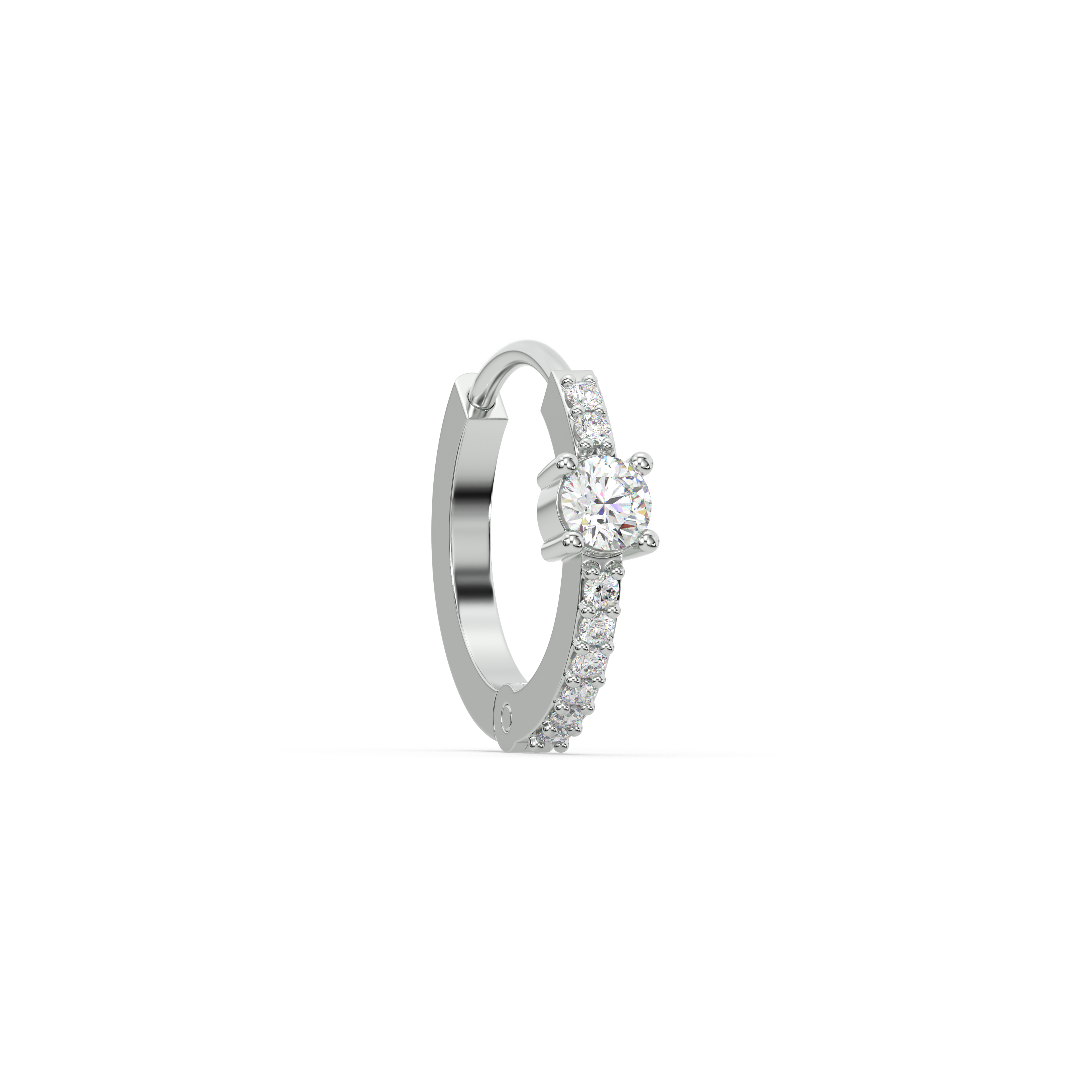 Side view of Solitaire Zirconia Hoop earrings in 92.5 silver showcasing a central zirconia stone and a sleek hoop design.