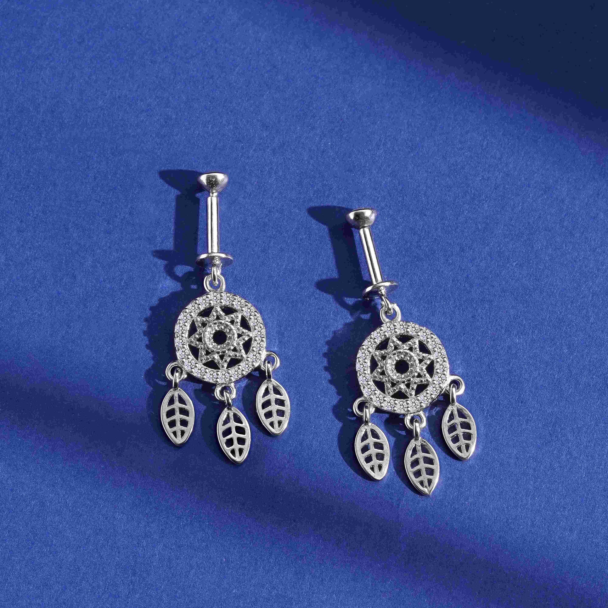 Zircon Dreamcatcher Helix Earring with screw-back design, featuring bohemian leaf charms and sparkling stones for secure and stylish ear piercing.