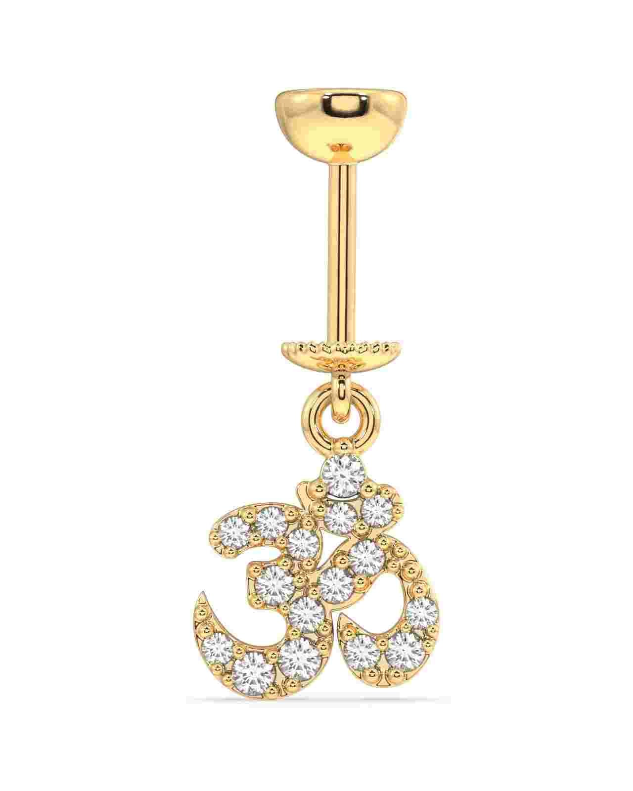 Gold AUM Helix Hanging Jewelry with fine screw design and sparkling crystals, blending modern symbolism with spiritual elegance.