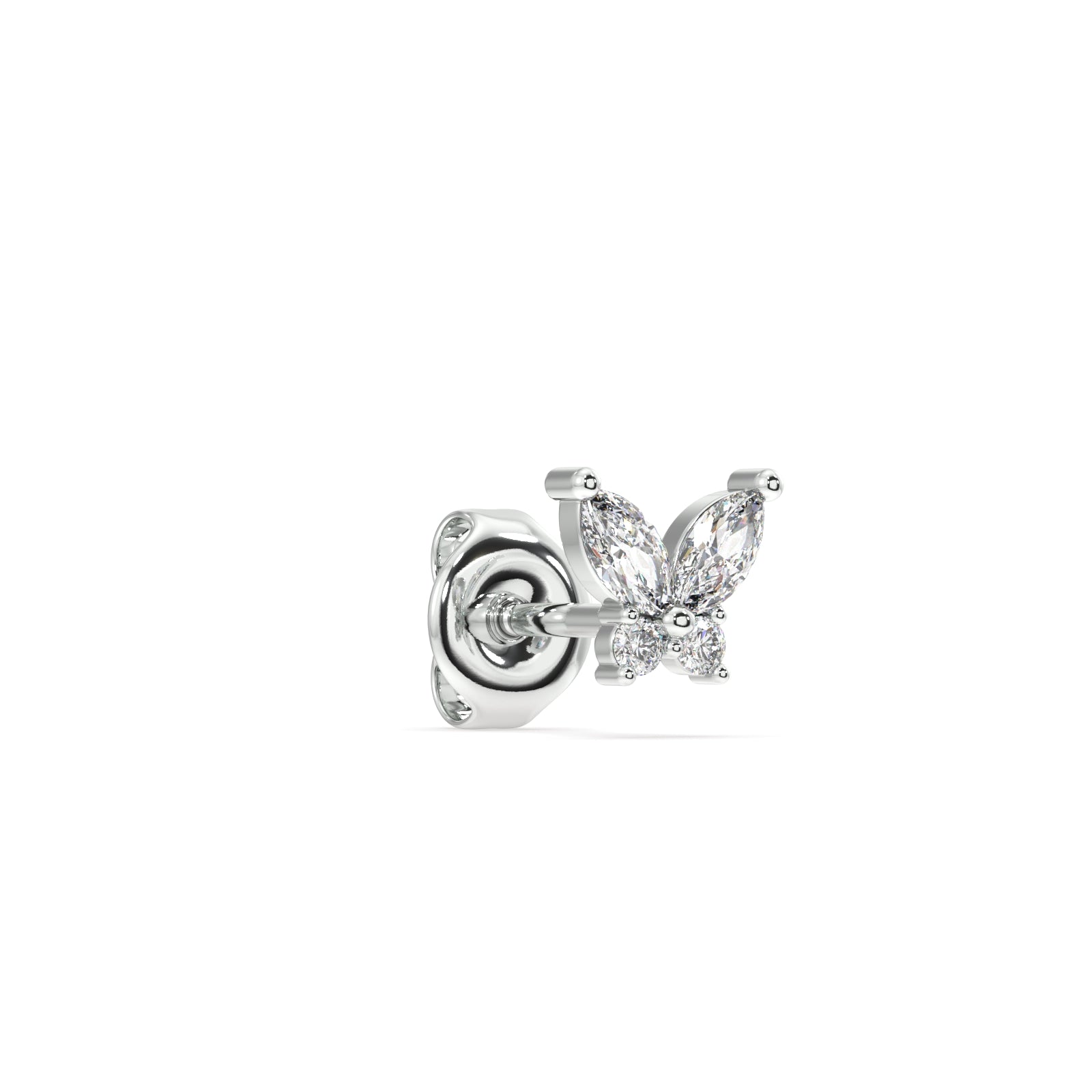 "Rhodium-Plated Butterfly Studs - Side Profile of Earrings"