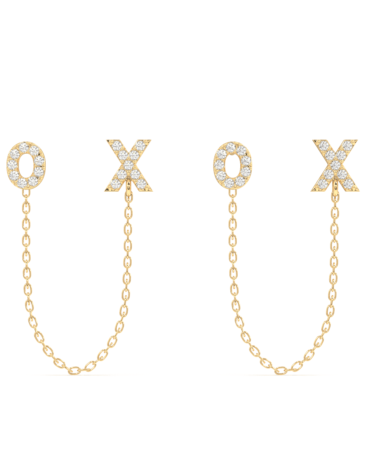 XO 3 in 1 Earring Connector in gold finish with sparkling O and X studs joined by a delicate chain, ideal for lobe or helix piercings.