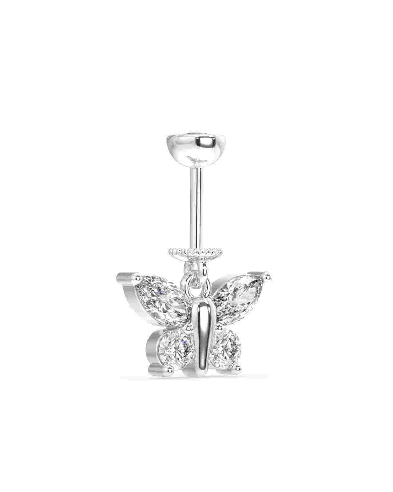 Close-up of a single sterling silver butterfly helix piercing with four marquise stones and a hanging barbell design for a refined ear look.