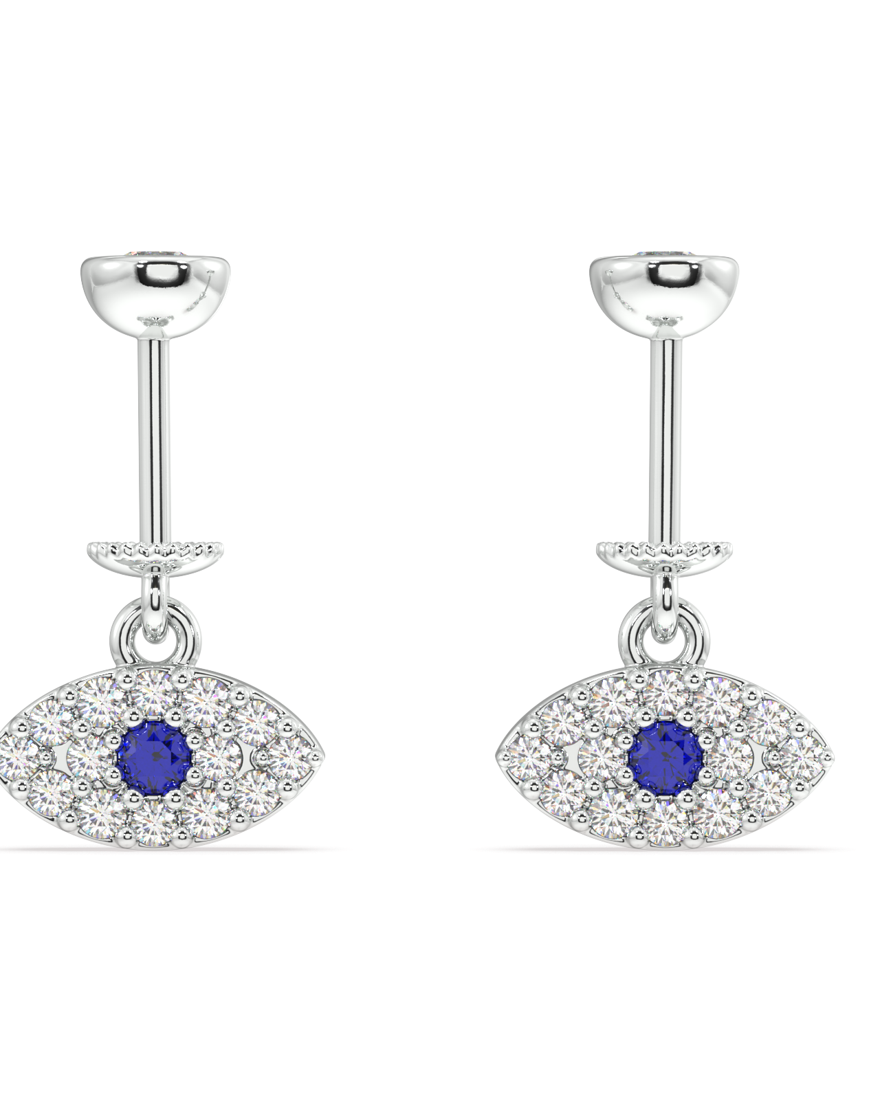 Zirconia Small Evil Eye Earrings - Versatile Style | Hanging Pair in sterling silver with blue center stones and pavé zirconia, shown on white background.