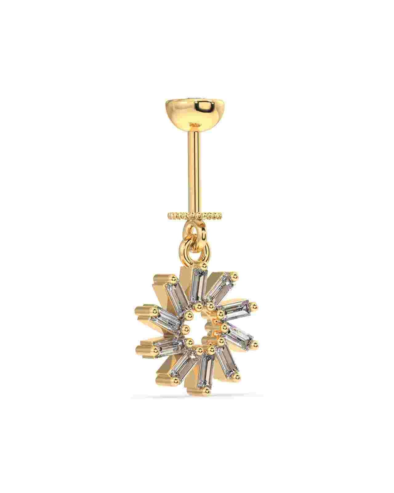 Side view of Baguette Rays Helix 14K Gold Earrings showing intricate hanging circle design with baguette stones, perfect for modern ear styling.