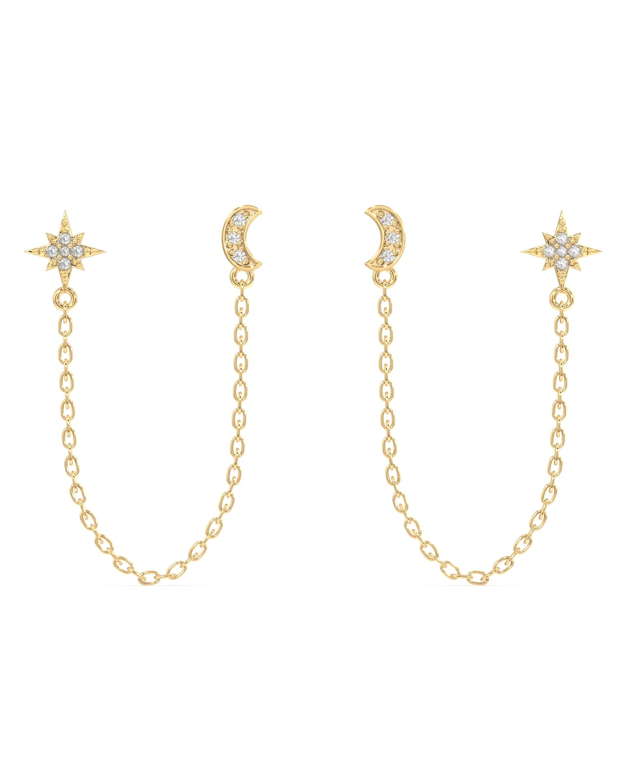 Moon Star Zirconia Connector Chain Earrings