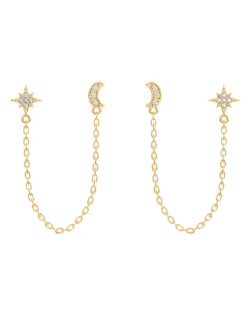 Moon Star Zirconia Connector Chain Earrings