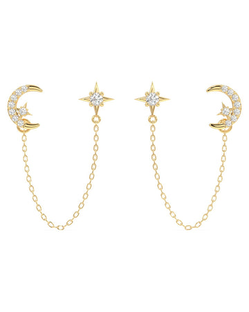 Moon Star 3 In Connector Chain Earrings