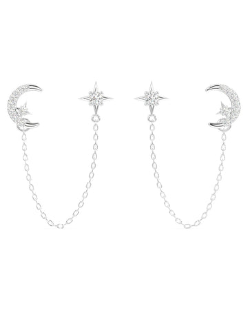 Moon Star 3 In Connector Chain Earrings