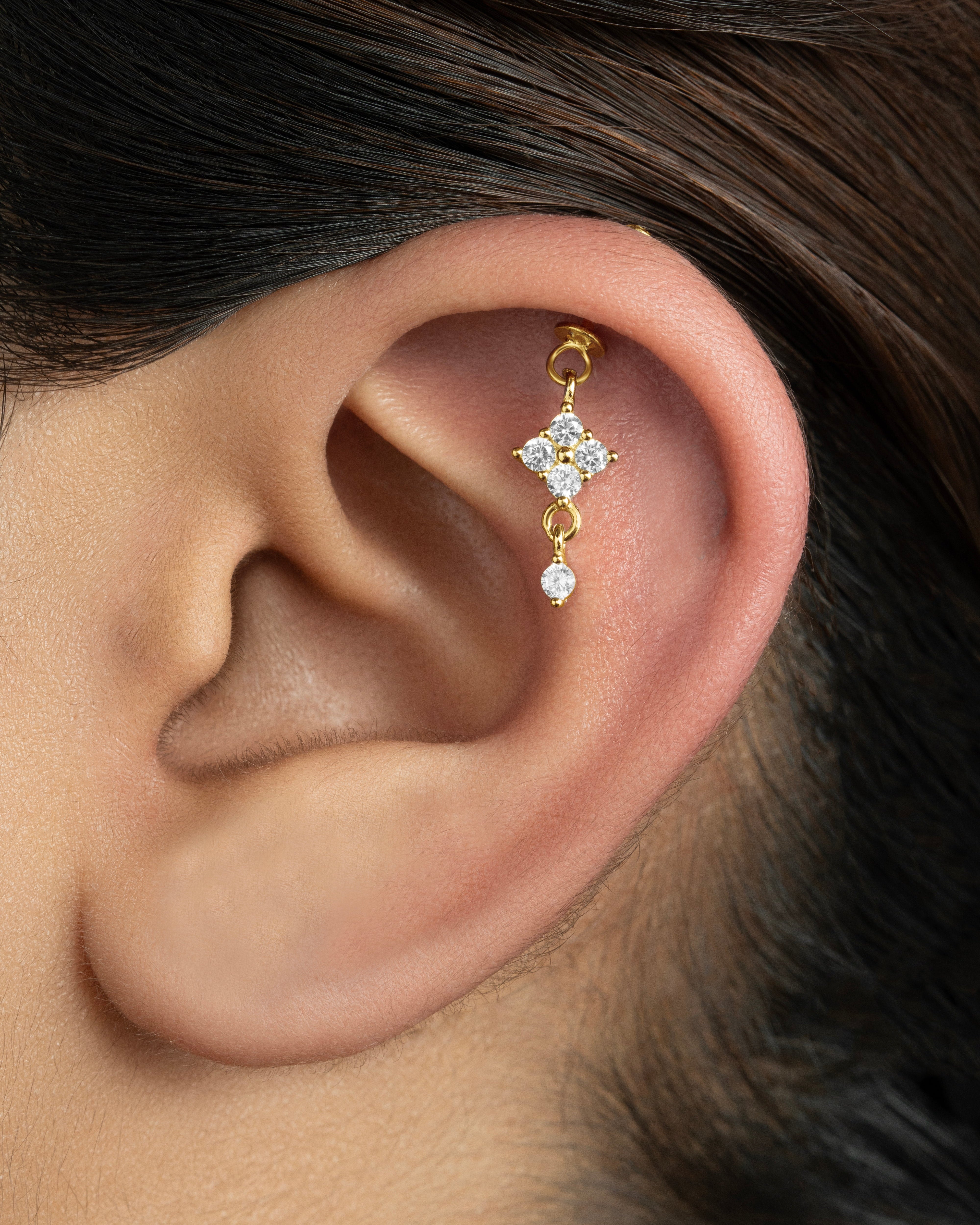 Golden Floral Drop Helix Piercings Hanging Earrings Silver