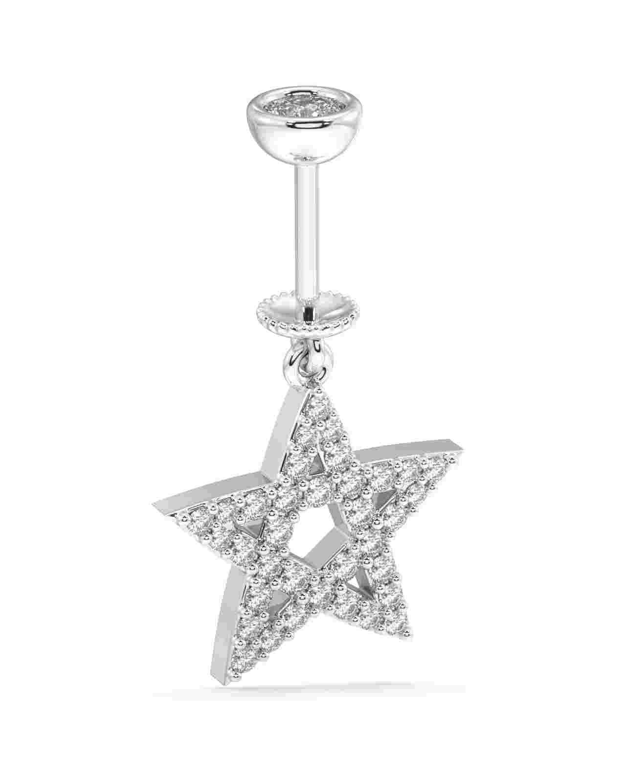 Close-up of Criss Cross Star Zircon Helix Earrings with screw hanging, highlighting the intricate star design and shimmering zircon stones.