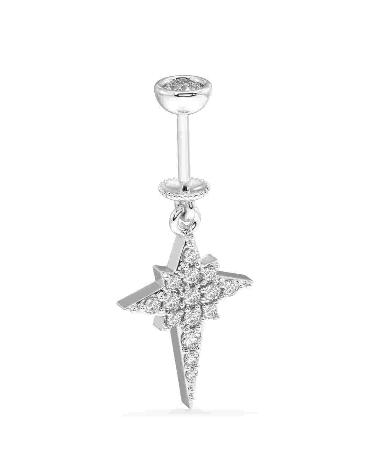 Close-up of silver star helix earring with shimmering zircon stones, highlighting its best-selling elongated hanging design for stylish ear piercings.