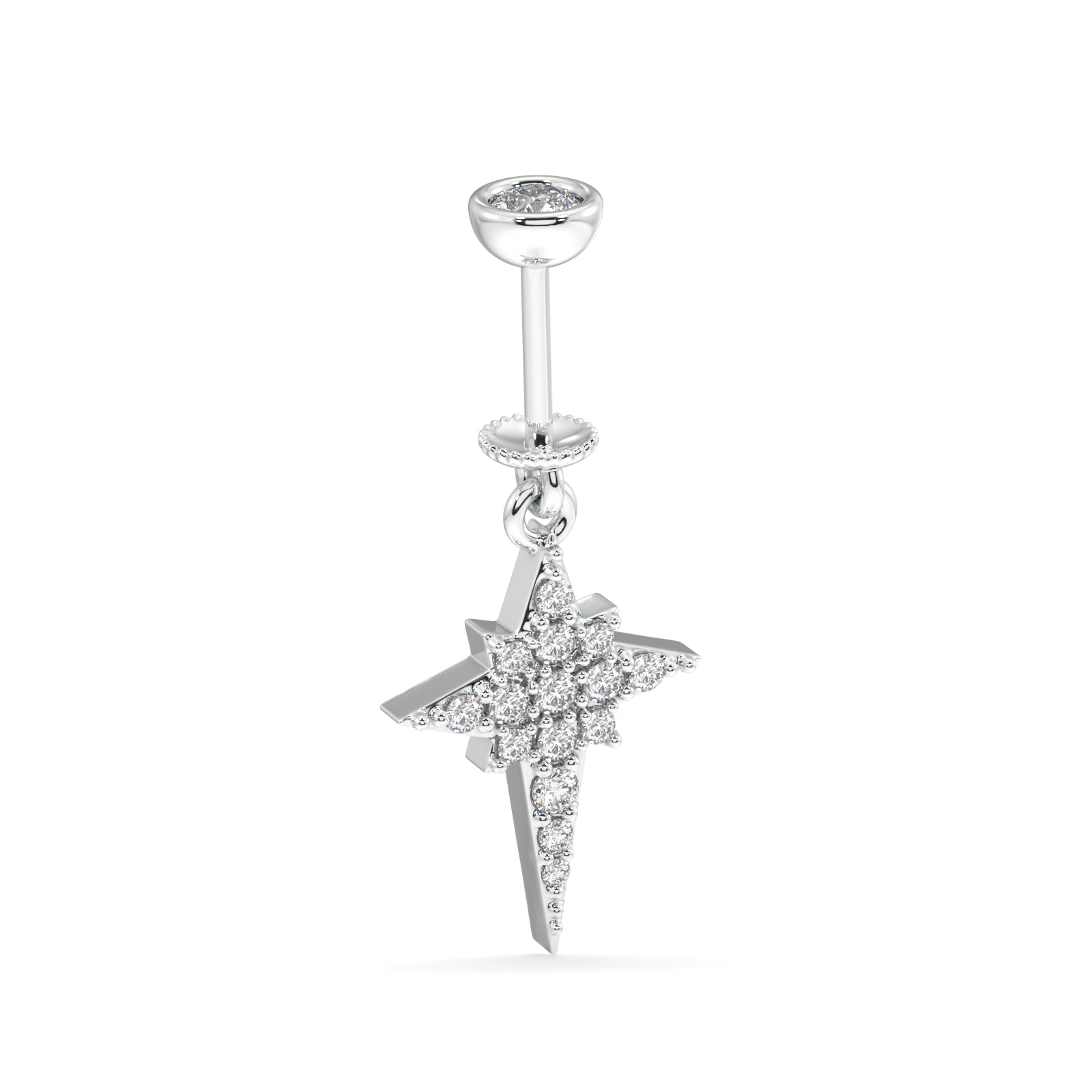 "Side Angle View of Helix Hanging Silver Celestial Star Charm Earring - Cosmic Elegance on Display"