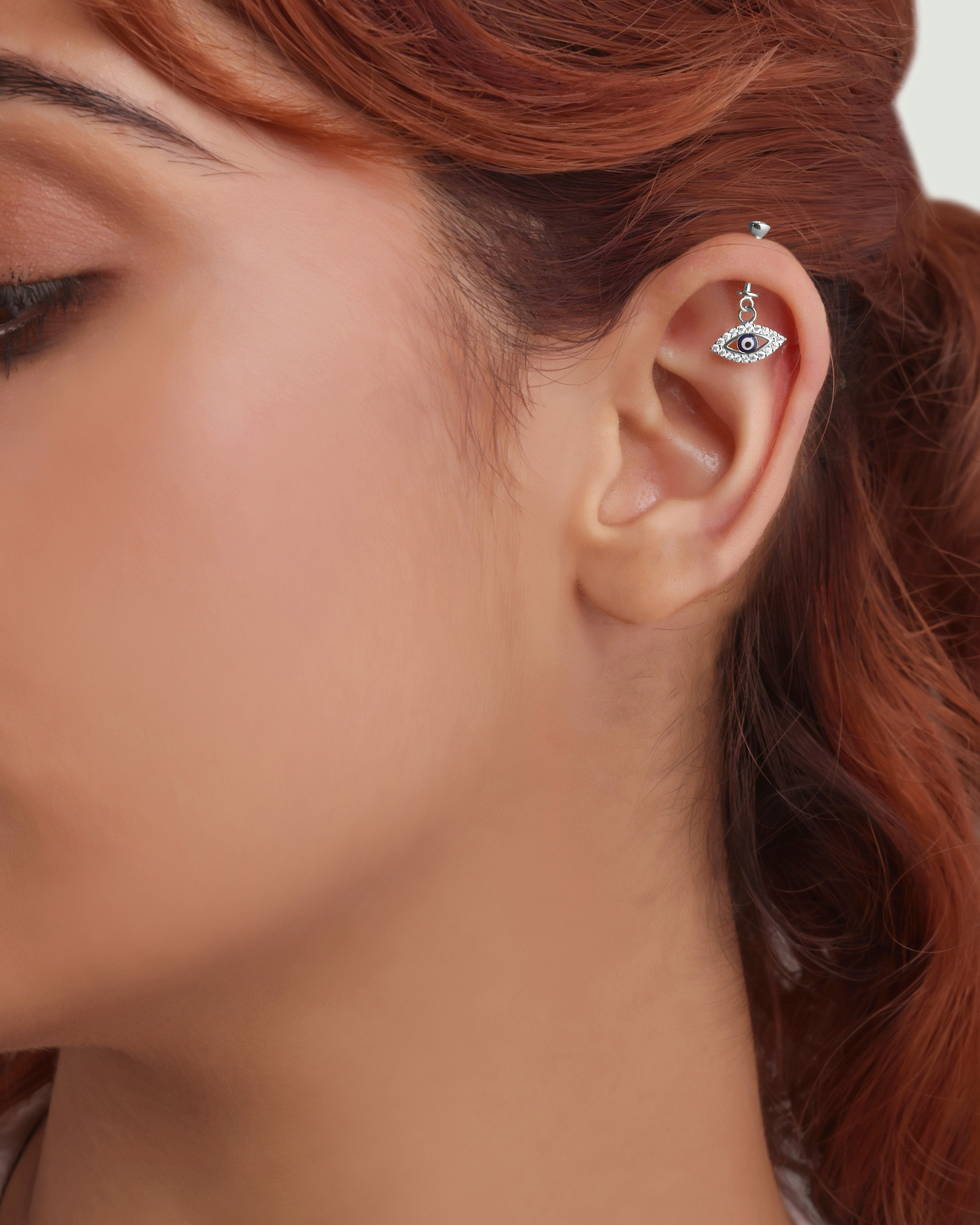 Rhodium Evil Eye Drop Hanging- Pure Silver Earrings For Helix