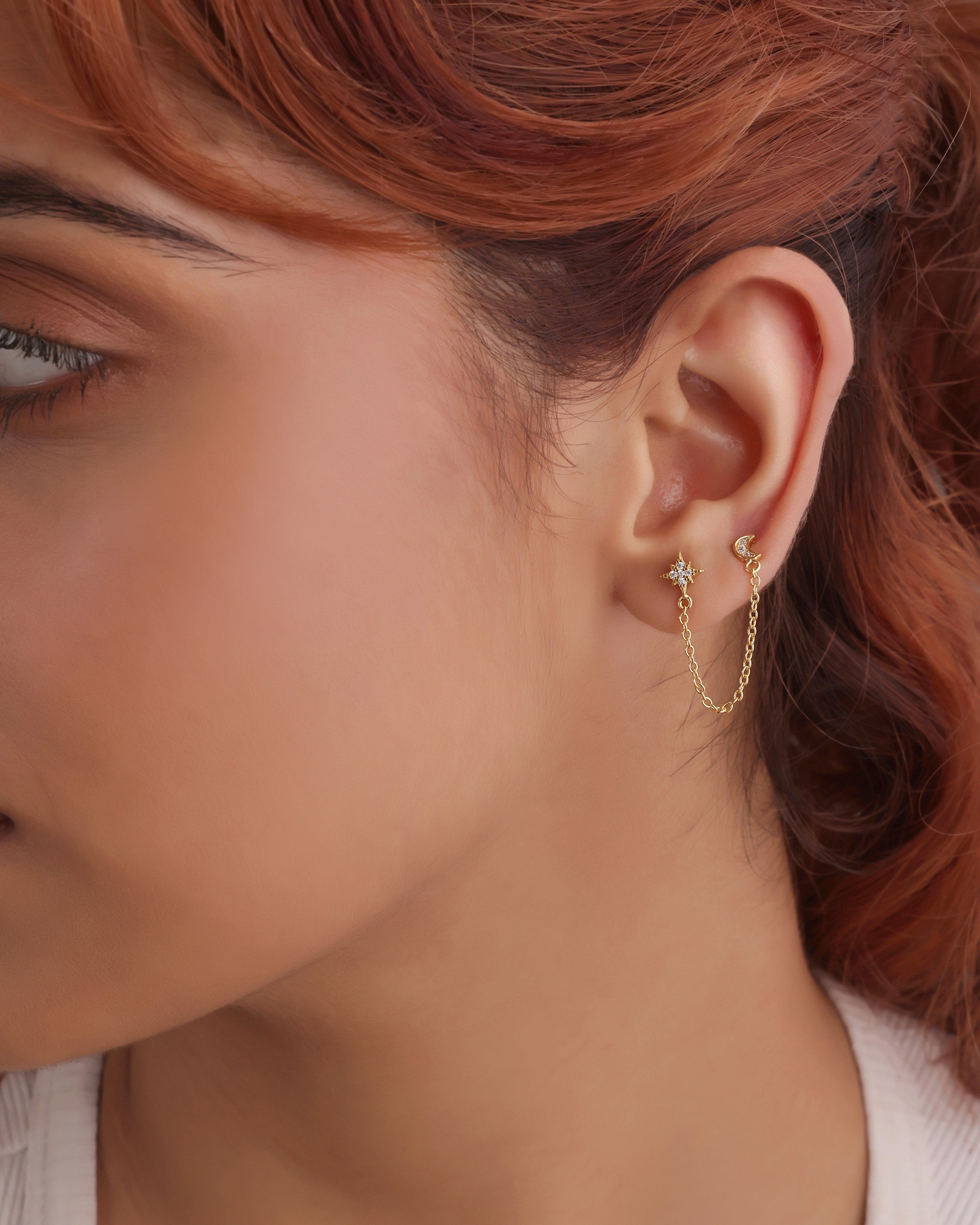 Moon Star Zirconia Chain Earrings