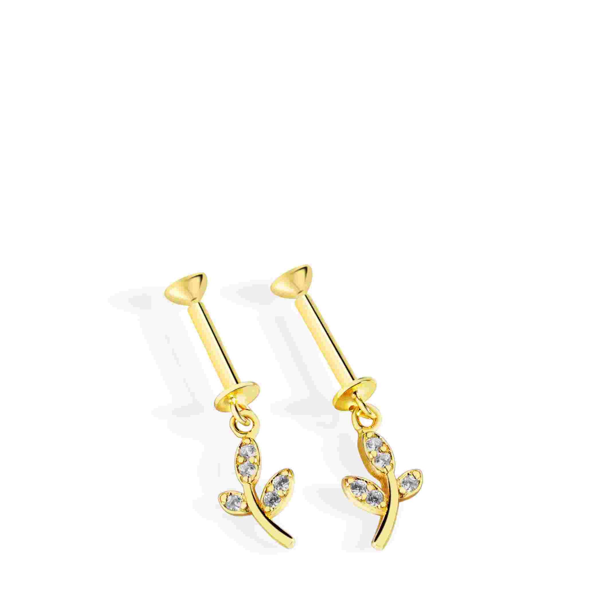 Zirconia Helix Piercing Leaf Charm in gold with curved leaf design and hanging zirconia stones, ideal for elegant cartilage styling.