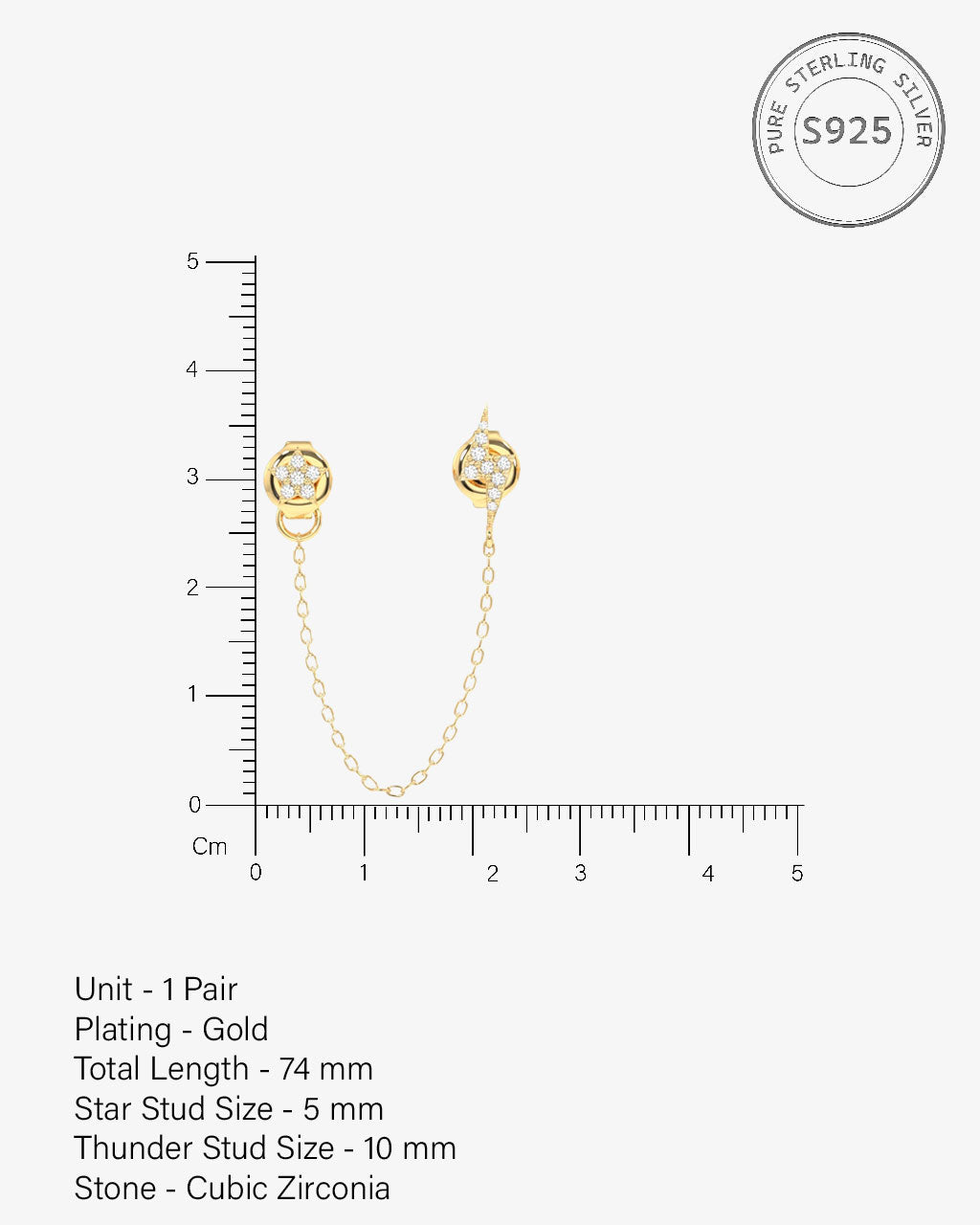 Star And Thunder Connector Stud Chain Earrings